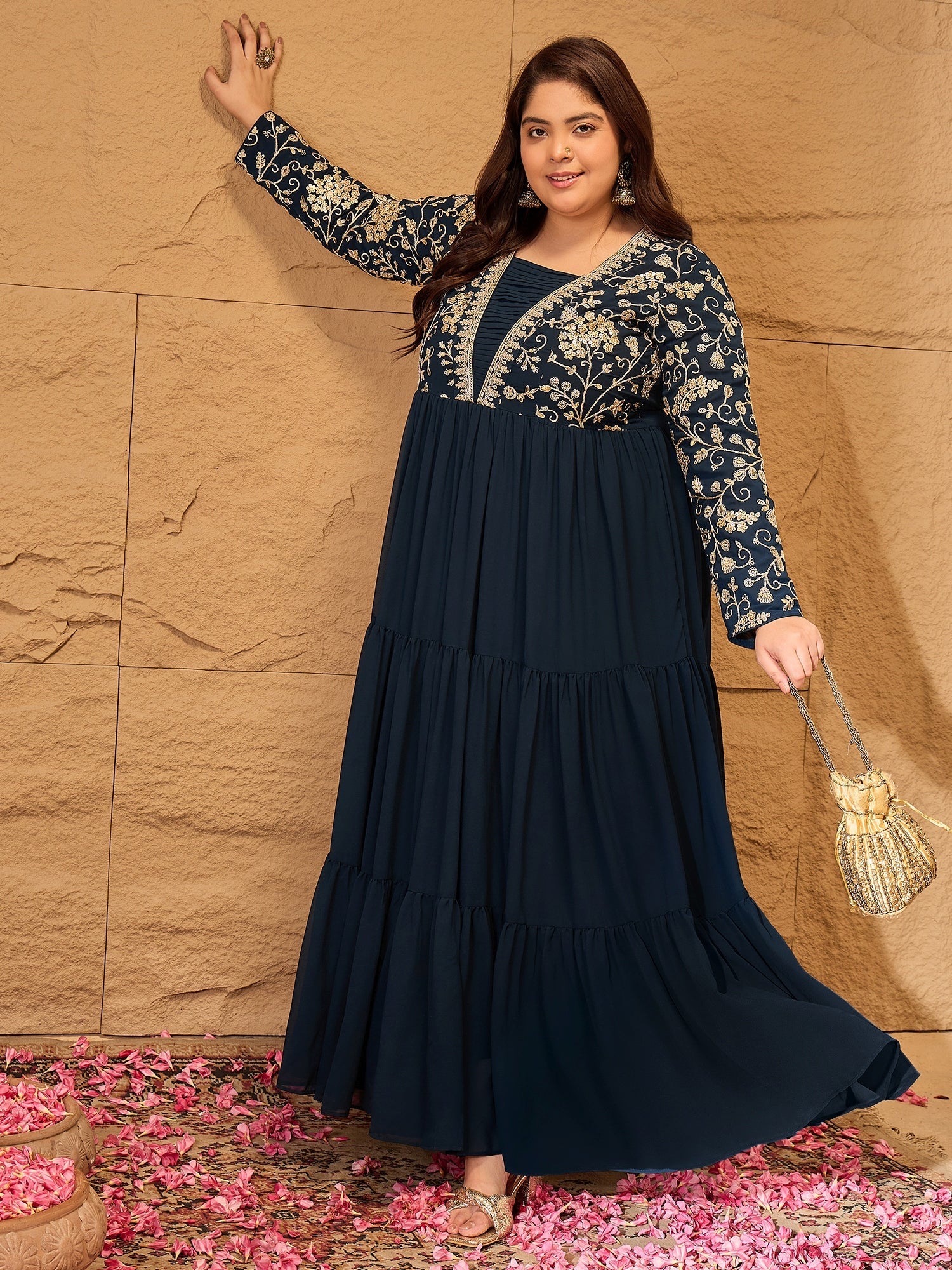 Floral Printed Embroidered A-Line Maxi Ethnic Dresses - ID