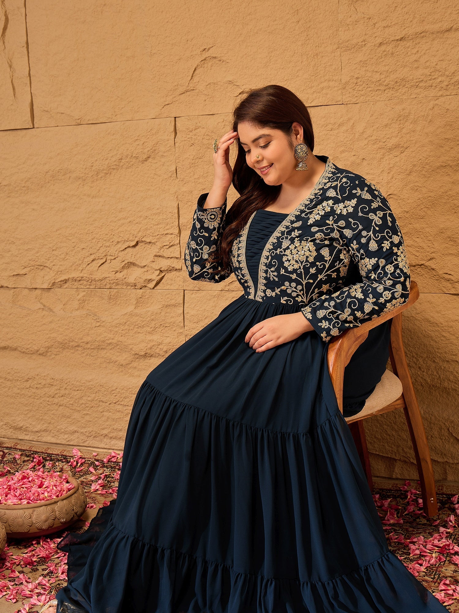 Floral Printed Embroidered A-Line Maxi Ethnic Dresses - ID