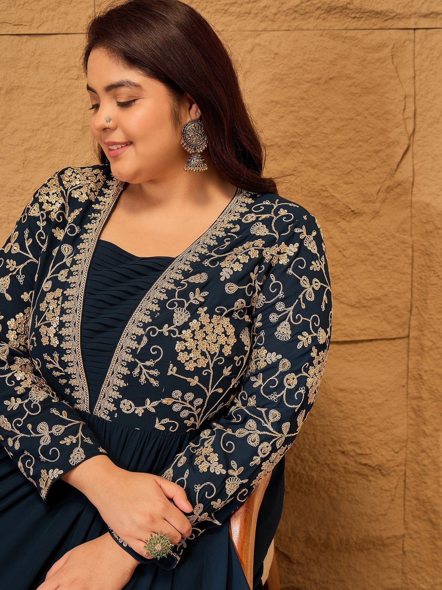 Floral Printed Embroidered A-Line Maxi Ethnic Dresses - ID