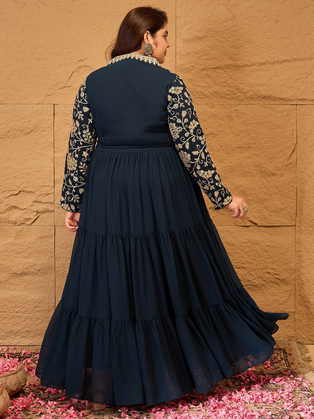 Floral Printed Embroidered A-Line Maxi Ethnic Dresses - ID