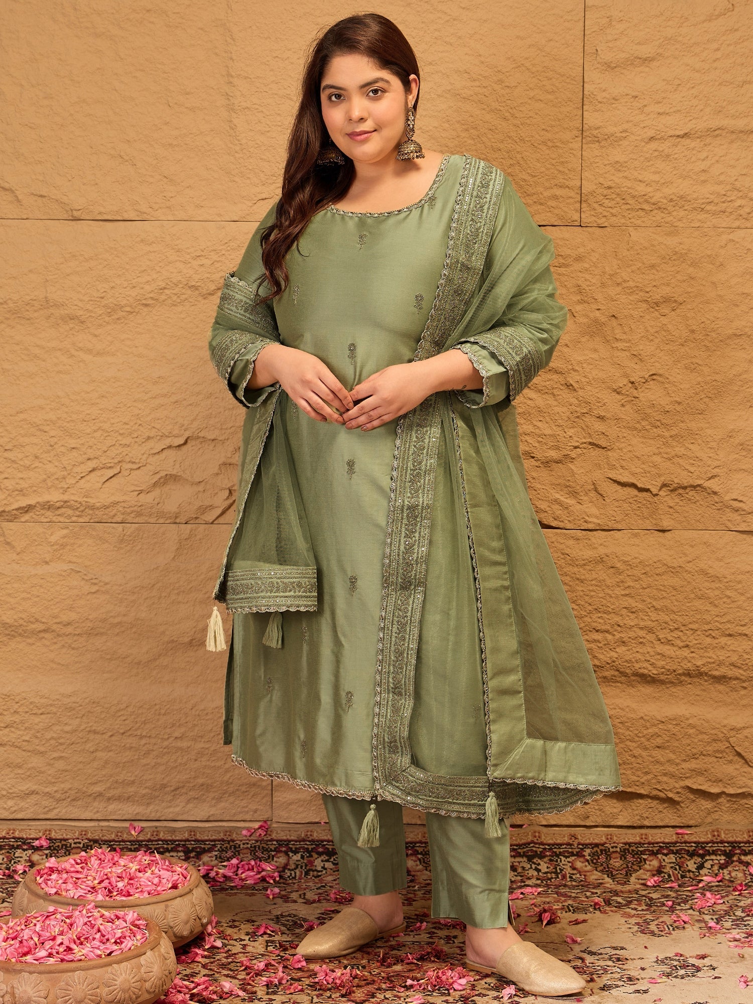 Ethnic Motifs Embroidered Sequinned Straight Kurta with Trousers & Dupatta - ID