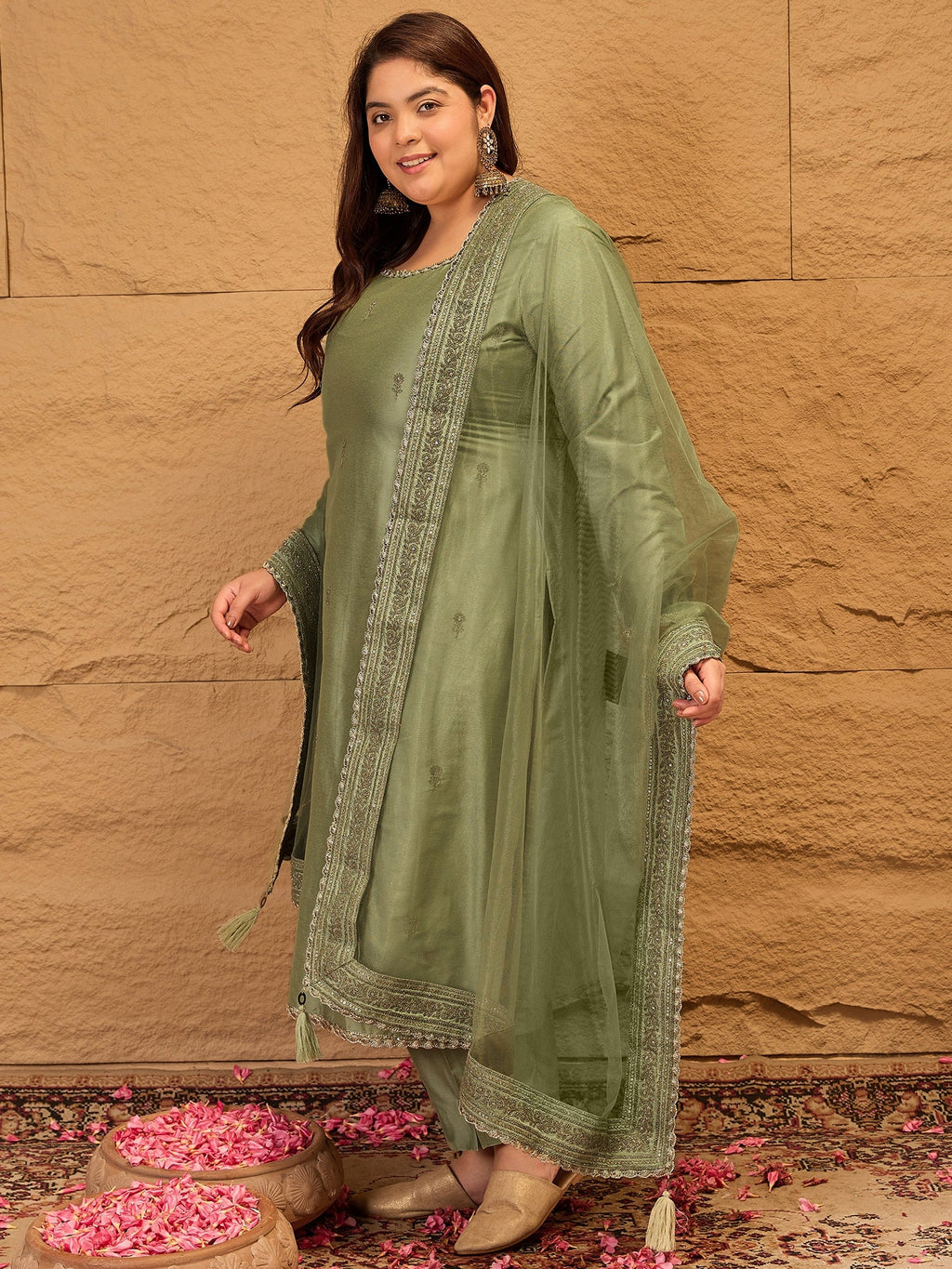 Ethnic Motifs Embroidered Sequinned Straight Kurta with Trousers & Dupatta - ID