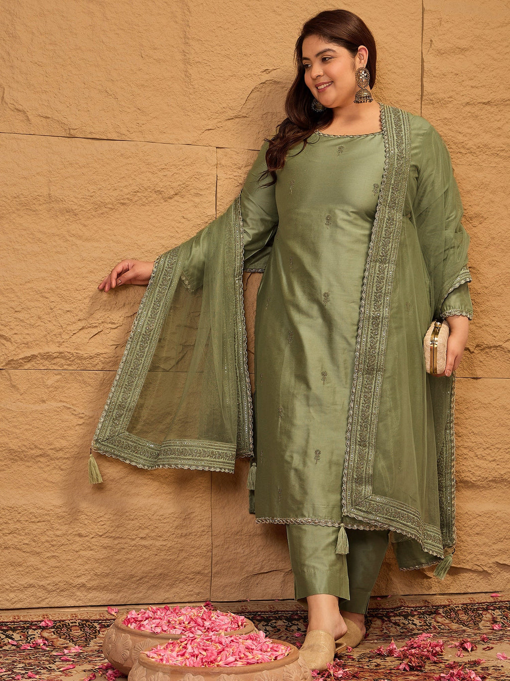 Ethnic Motifs Embroidered Sequinned Straight Kurta with Trousers & Dupatta - ID