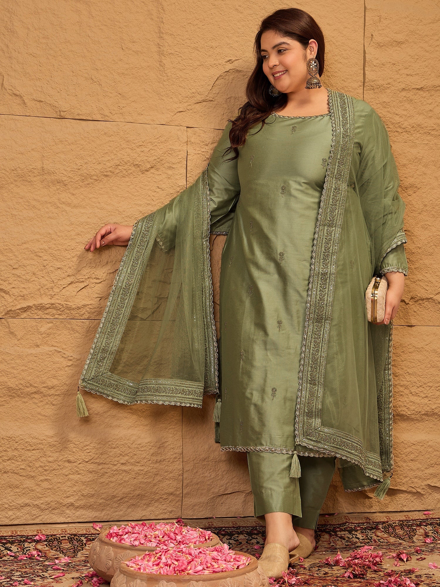 Ethnic Motifs Embroidered Sequinned Straight Kurta with Trousers & Dupatta - ID