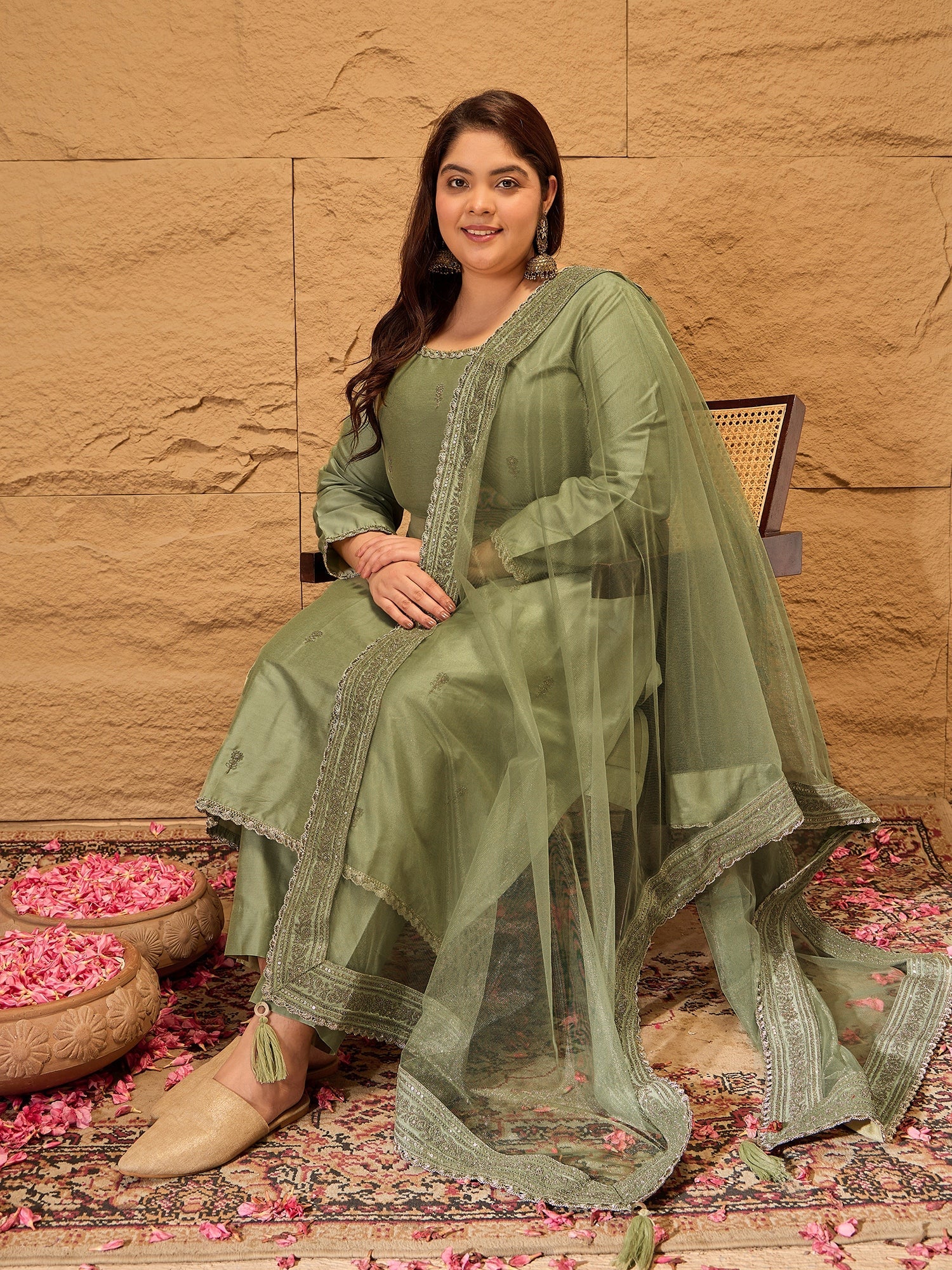 Ethnic Motifs Embroidered Sequinned Straight Kurta with Trousers & Dupatta - ID