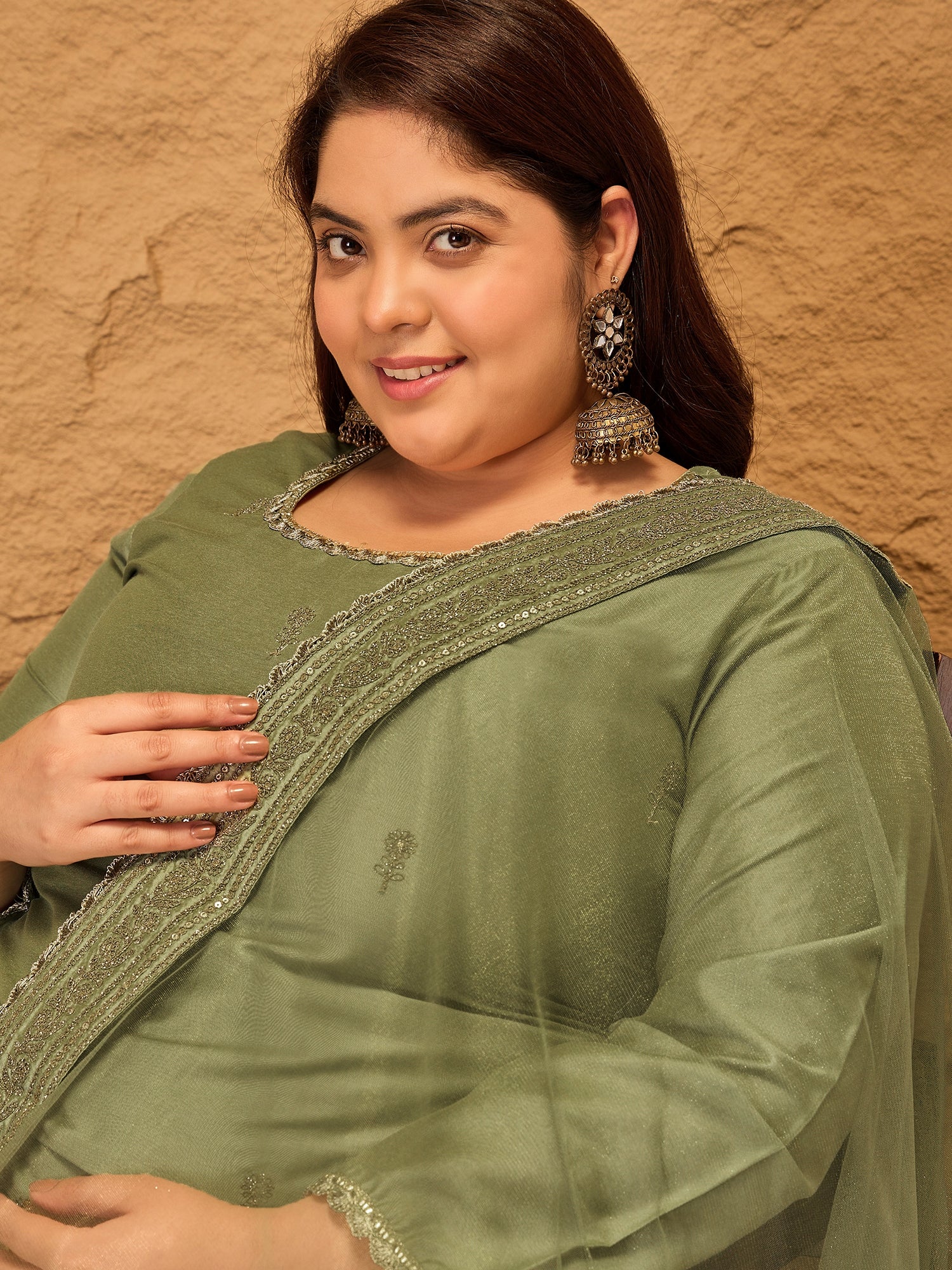 Ethnic Motifs Embroidered Sequinned Straight Kurta with Trousers & Dupatta - ID