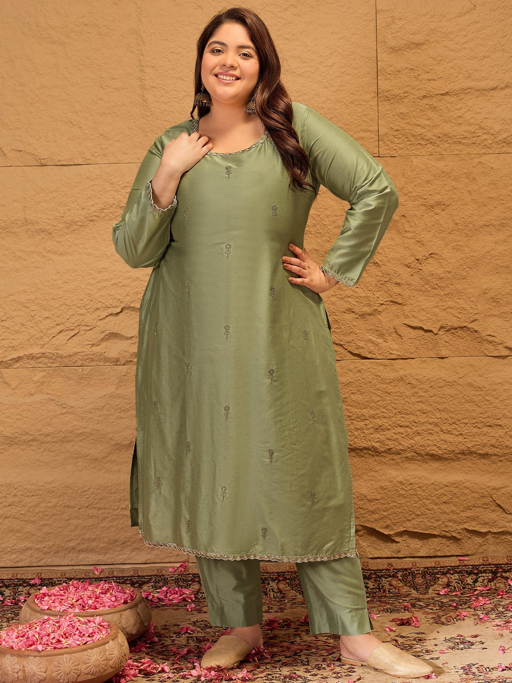 Ethnic Motifs Embroidered Sequinned Straight Kurta with Trousers & Dupatta - ID