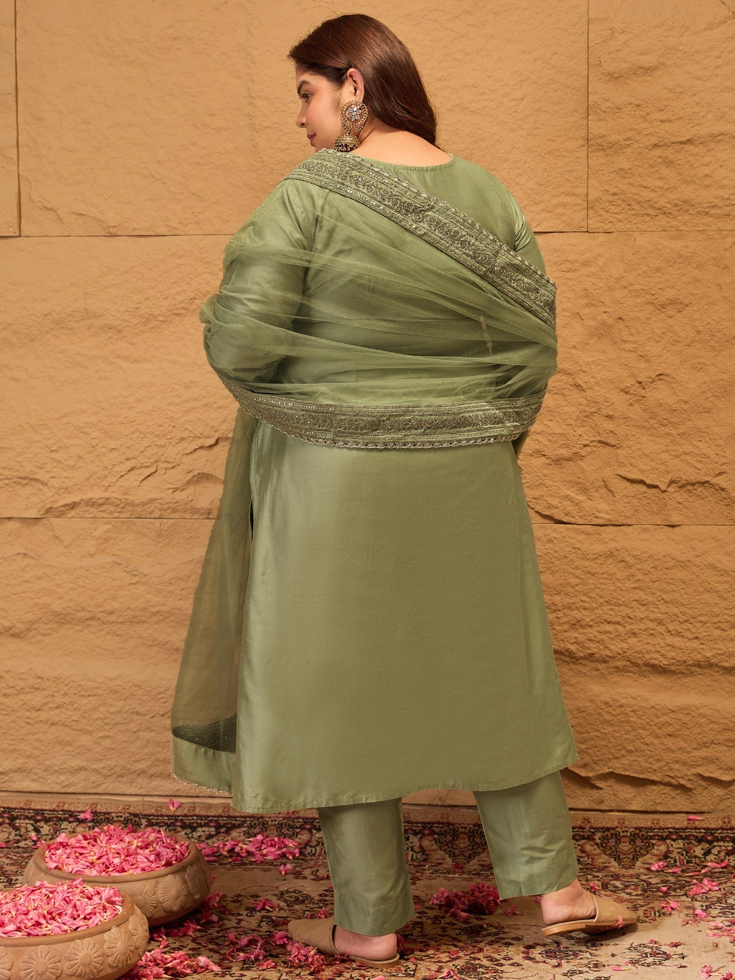 Ethnic Motifs Embroidered Sequinned Straight Kurta with Trousers & Dupatta - ID