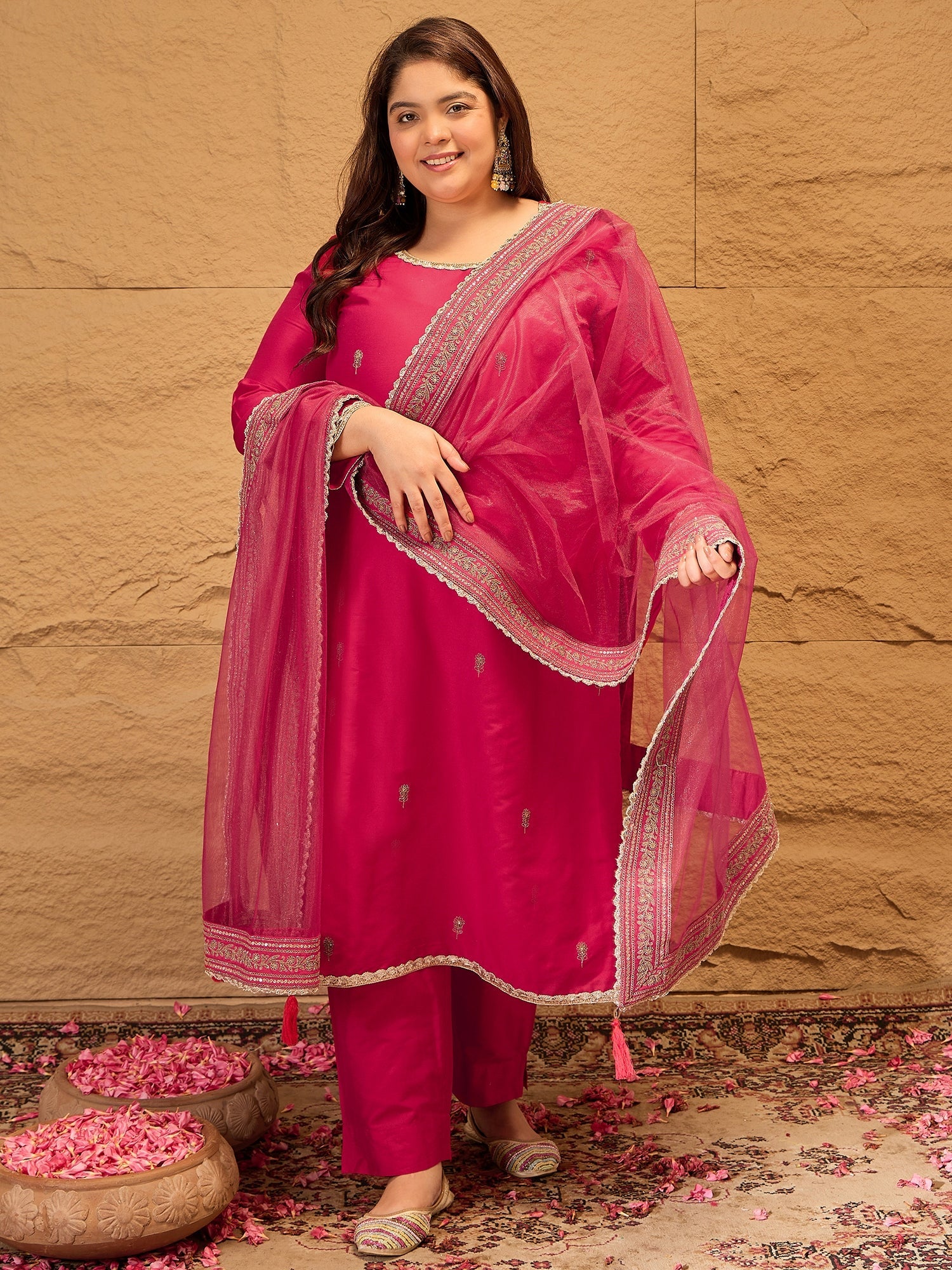 Ethnic Motifs Embroidered Straight Kurta with Trousers & Dupatta - ID