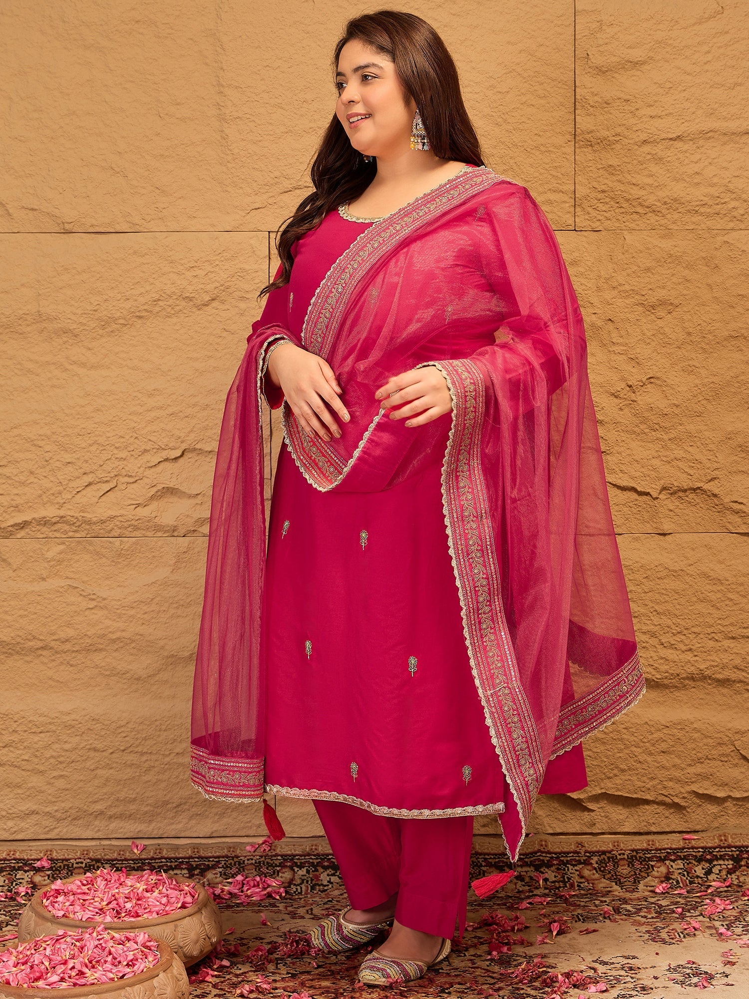 Ethnic Motifs Embroidered Straight Kurta with Trousers & Dupatta - ID