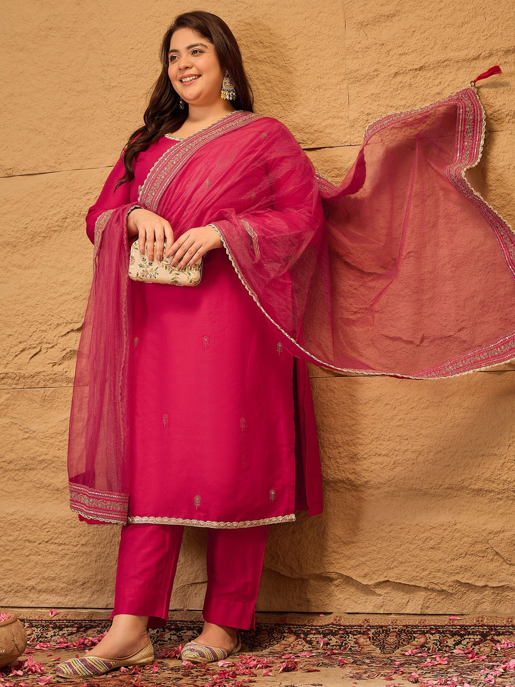 Ethnic Motifs Embroidered Straight Kurta with Trousers & Dupatta - ID