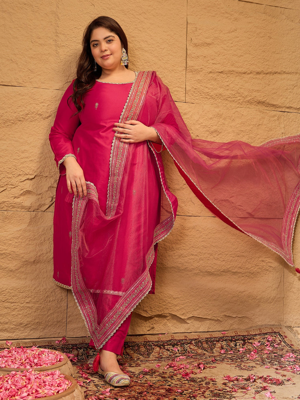 Ethnic Motifs Embroidered Straight Kurta with Trousers & Dupatta - ID