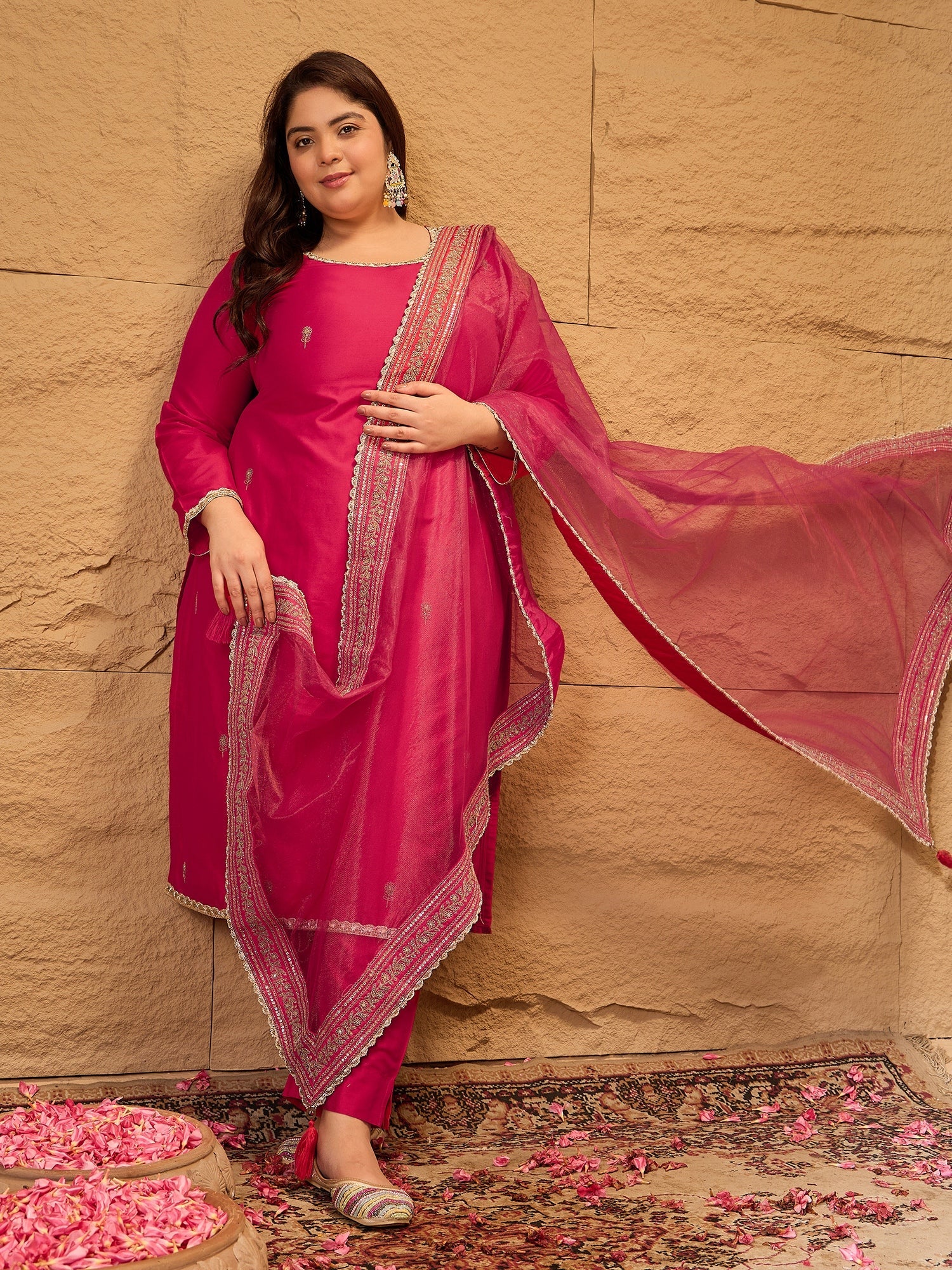 Ethnic Motifs Embroidered Straight Kurta with Trousers & Dupatta - ID