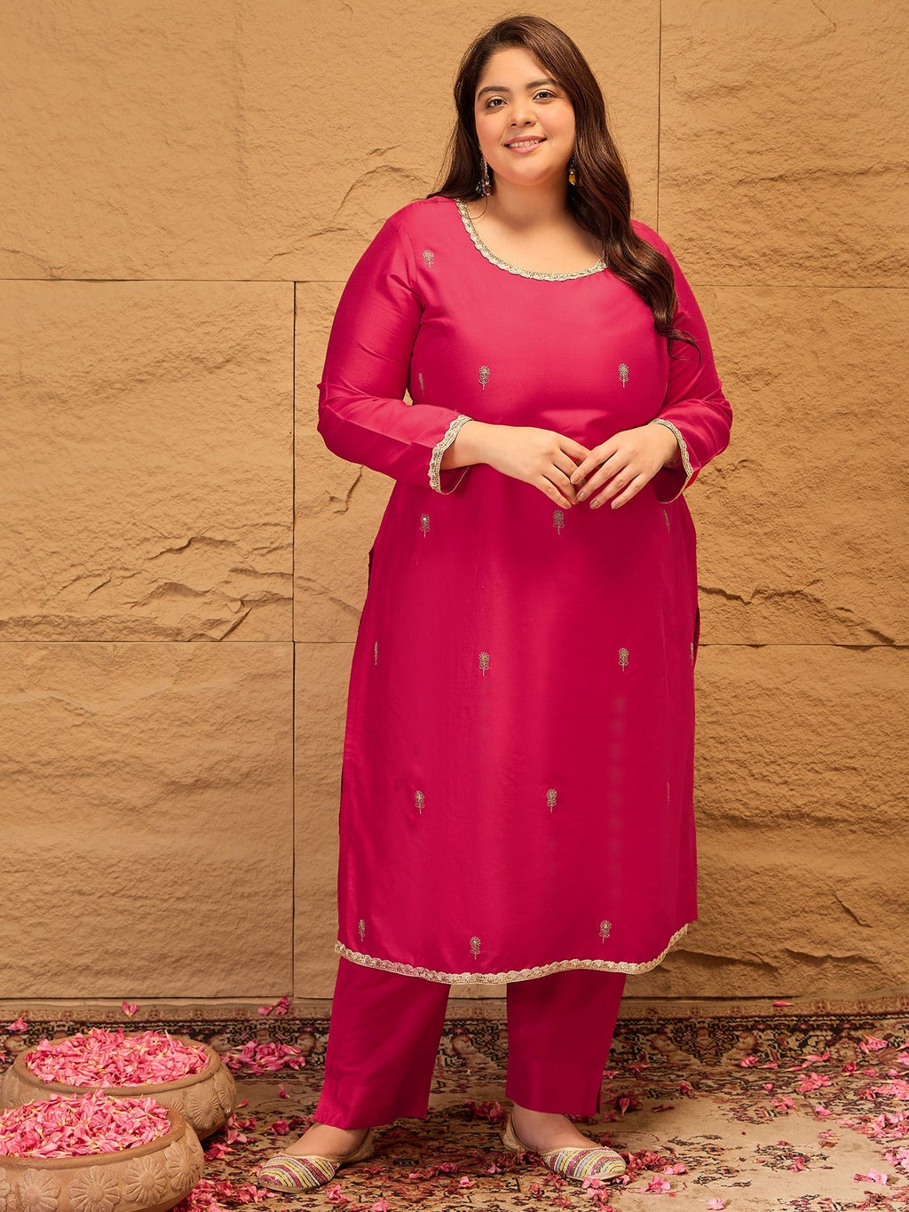 Ethnic Motifs Embroidered Straight Kurta with Trousers & Dupatta - ID
