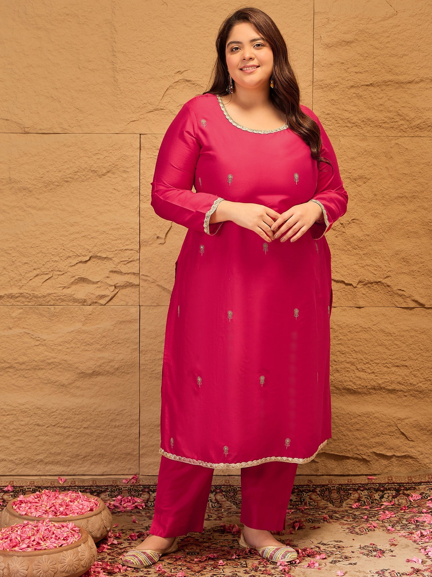 Ethnic Motifs Embroidered Straight Kurta with Trousers & Dupatta - ID