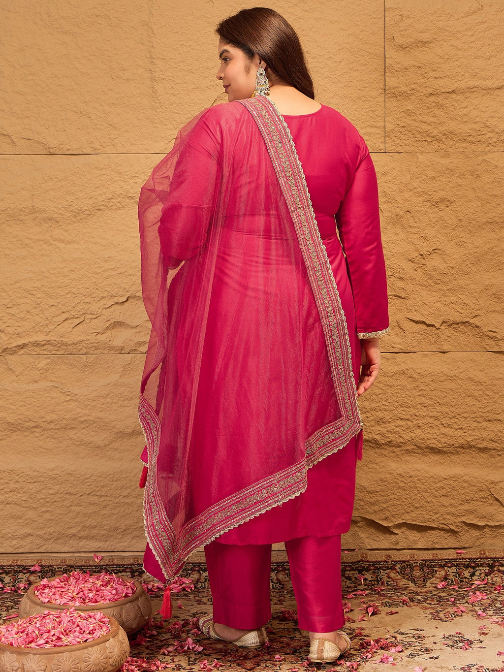 Ethnic Motifs Embroidered Straight Kurta with Trousers & Dupatta - ID