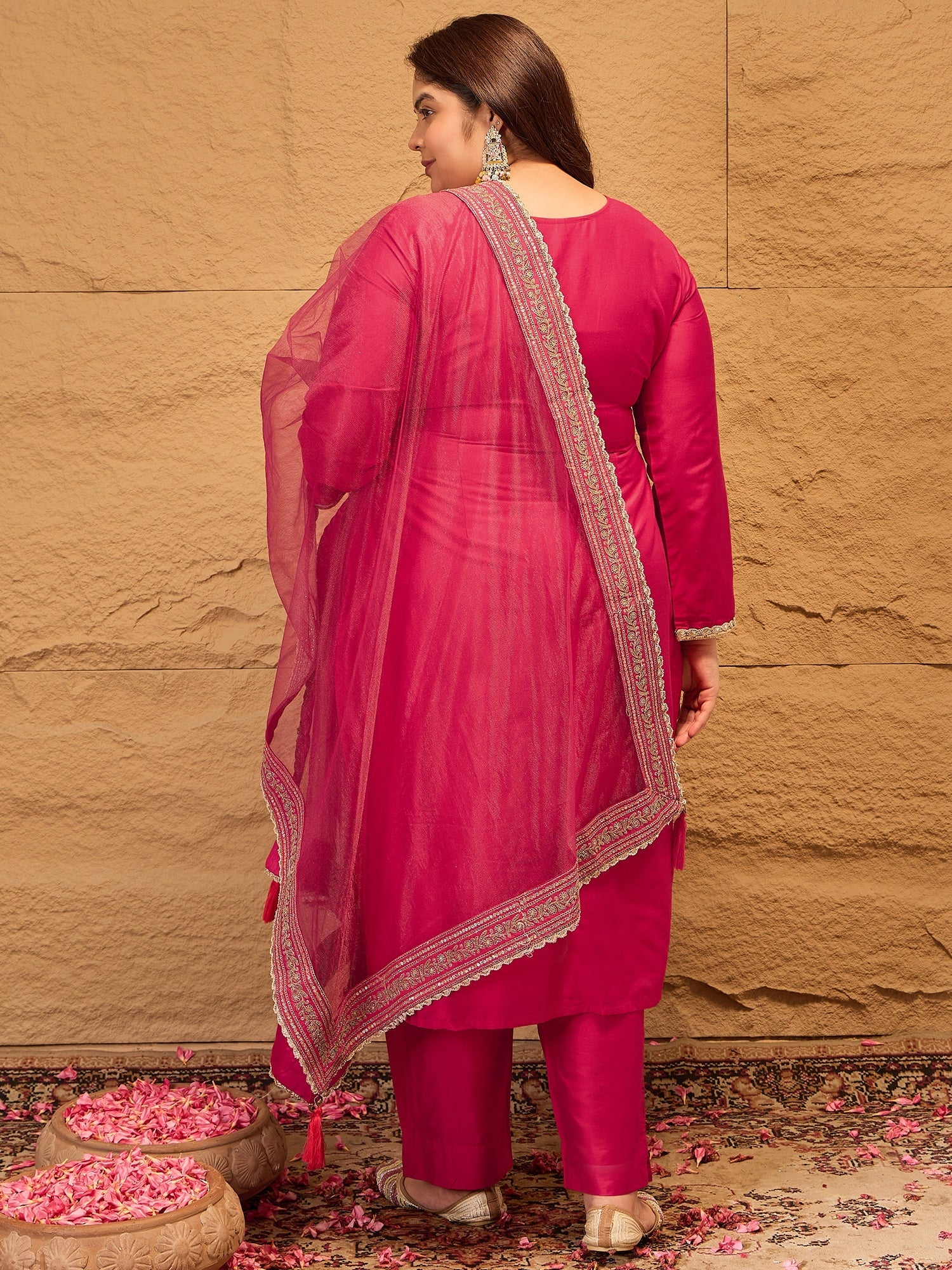 Ethnic Motifs Embroidered Straight Kurta with Trousers & Dupatta - ID