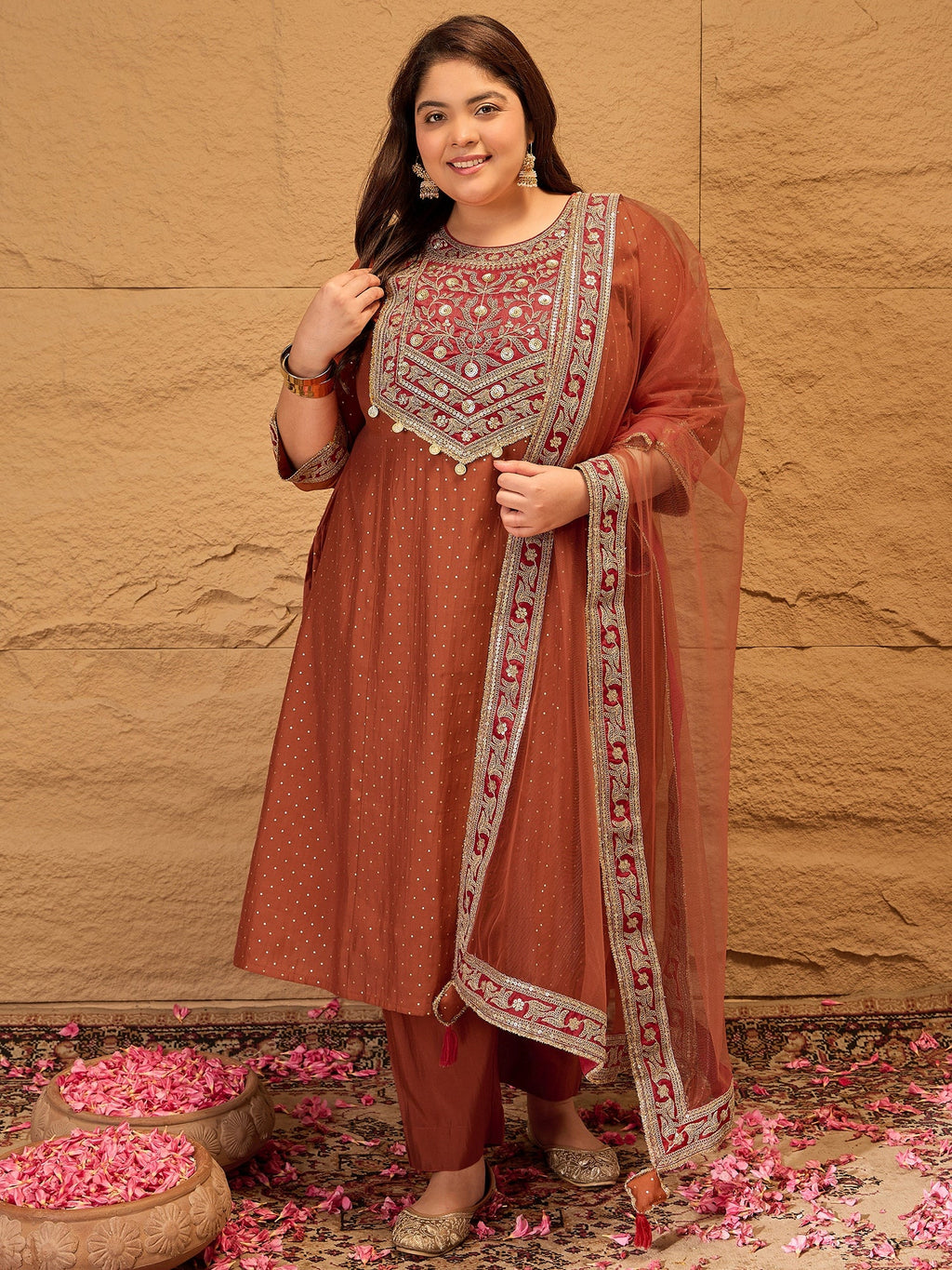 Plus Size Floral Yoke Design Sequinned Kurta With Trousers & Dupatta - ID
