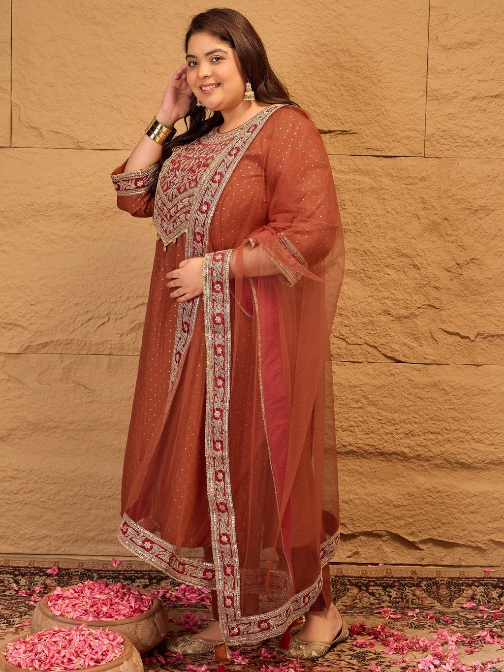 Plus Size Floral Yoke Design Sequinned Kurta With Trousers & Dupatta - ID