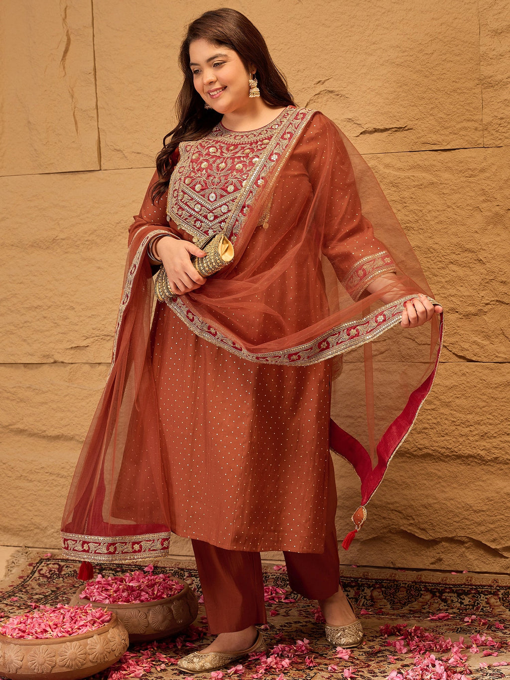 Plus Size Floral Yoke Design Sequinned Kurta With Trousers & Dupatta - ID