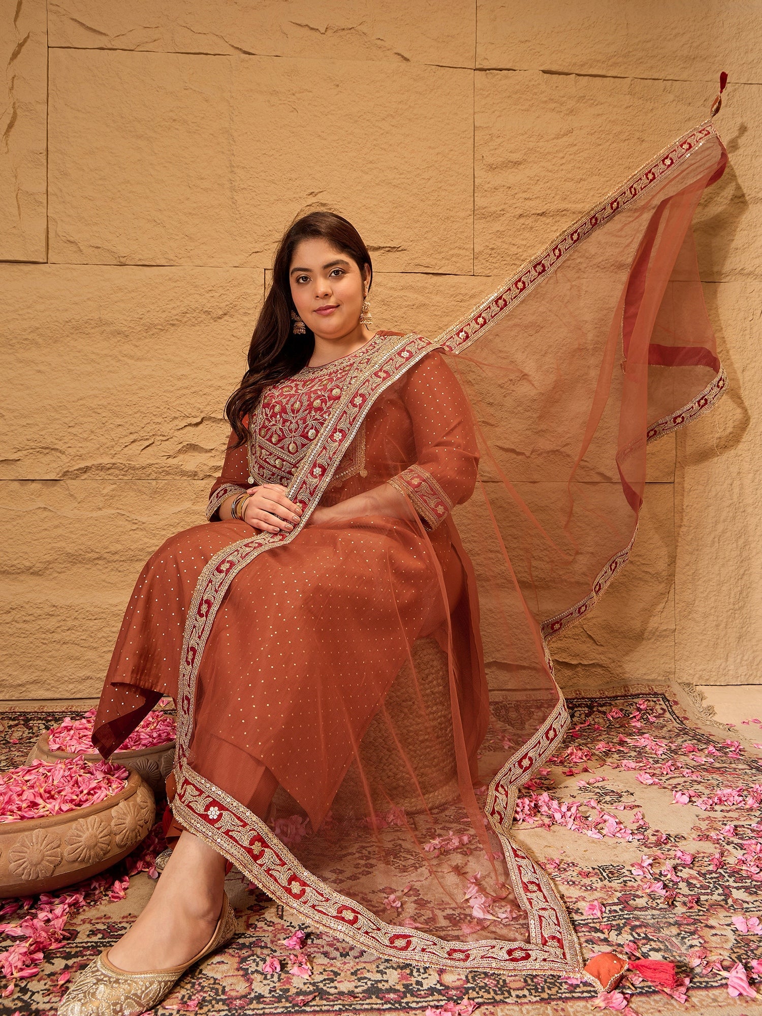 Plus Size Floral Yoke Design Sequinned Kurta With Trousers & Dupatta - ID