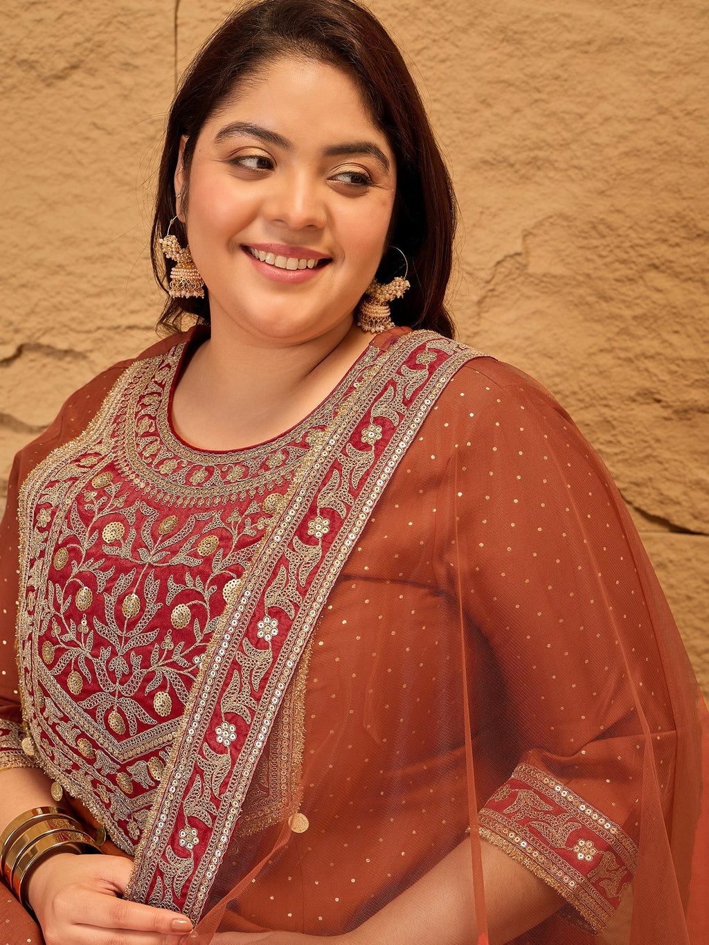 Plus Size Floral Yoke Design Sequinned Kurta With Trousers & Dupatta - ID