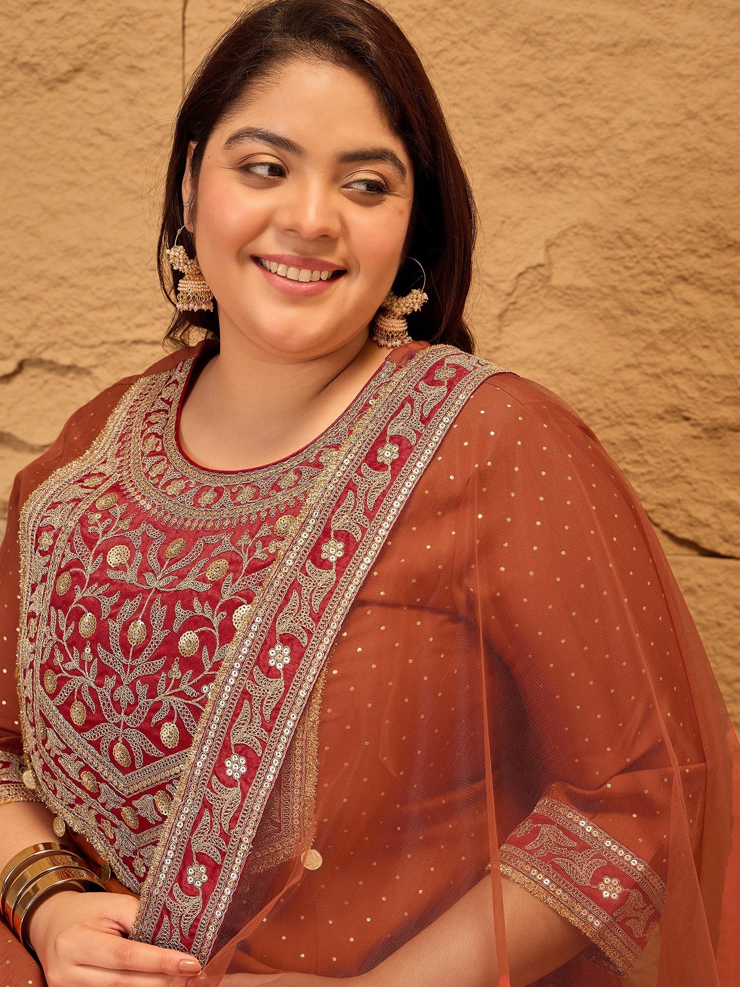 Plus Size Floral Yoke Design Sequinned Kurta With Trousers & Dupatta - ID