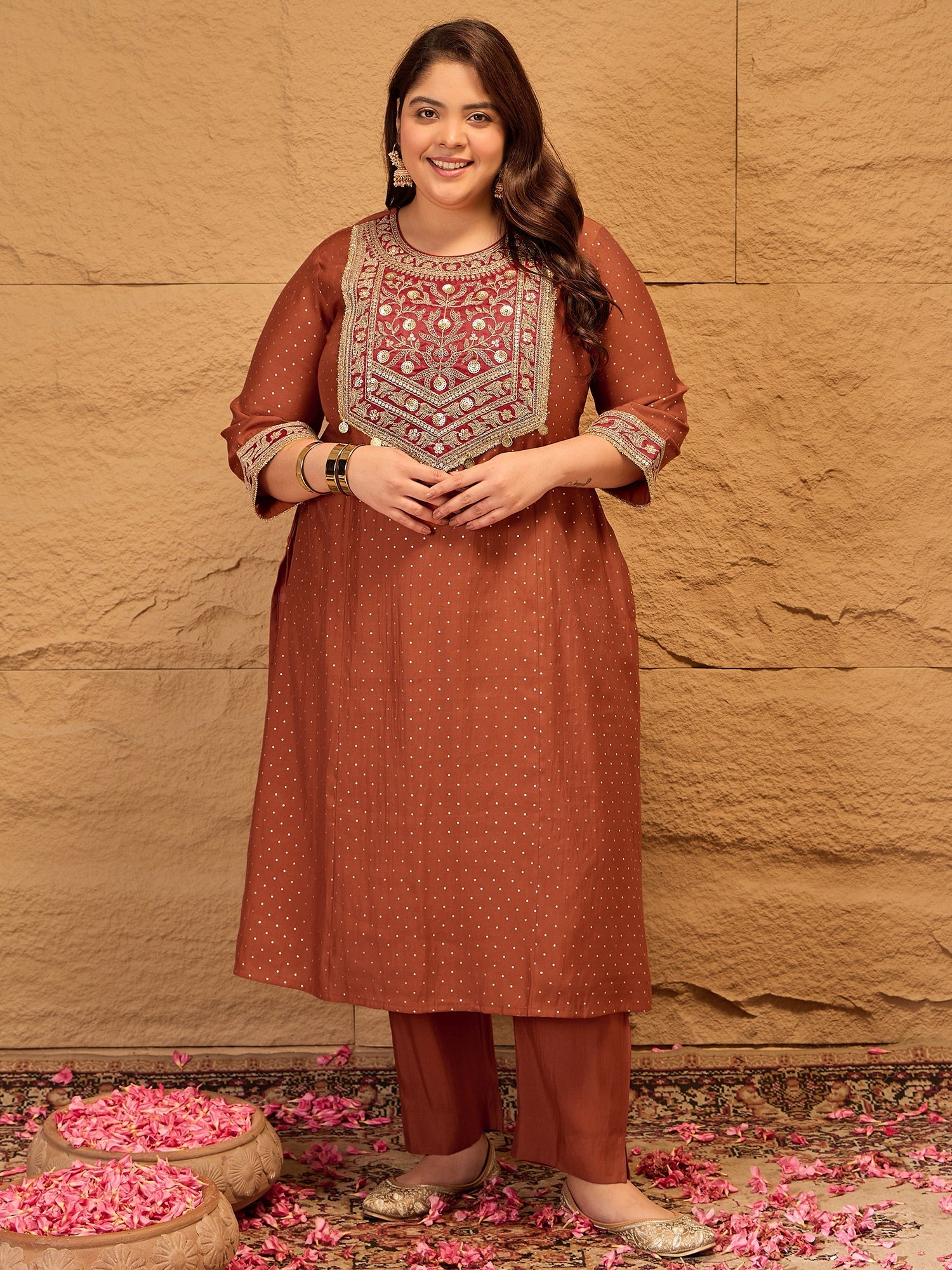 Plus Size Floral Yoke Design Sequinned Kurta With Trousers & Dupatta - ID