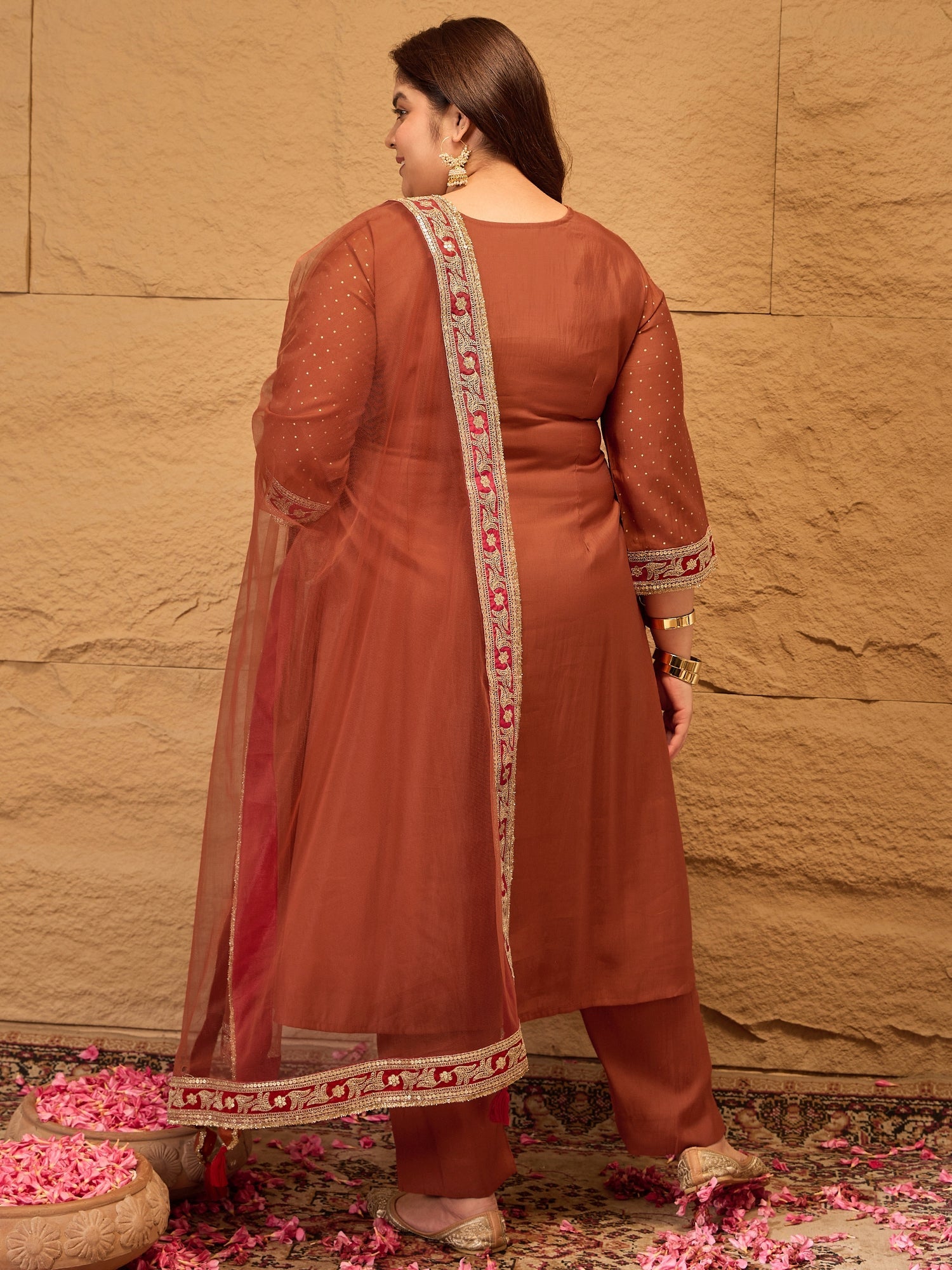 Plus Size Floral Yoke Design Sequinned Kurta With Trousers & Dupatta - ID