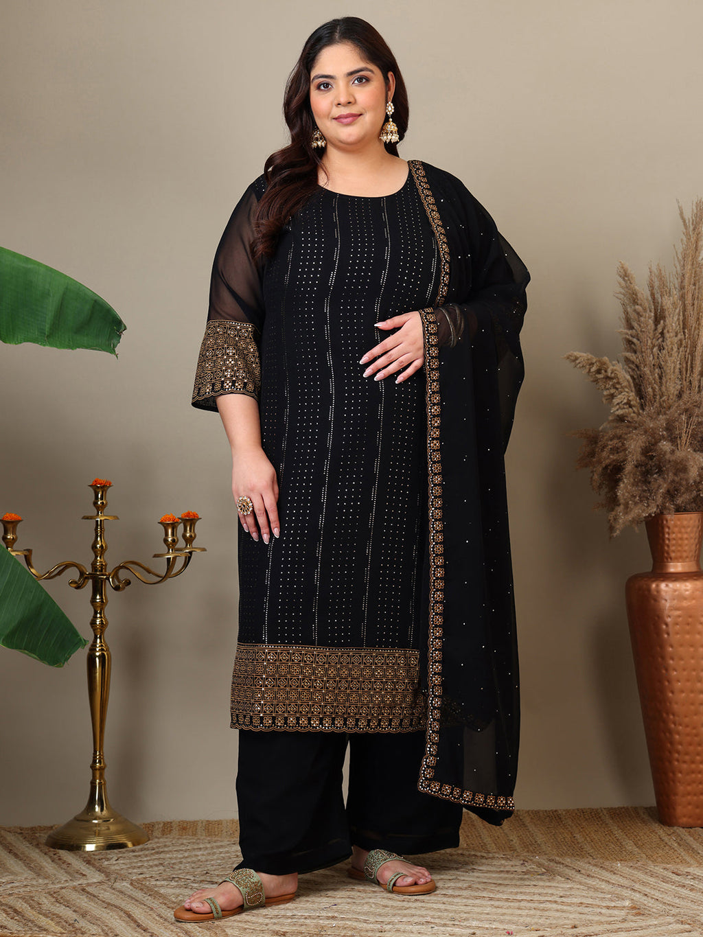 Women Plus Size Ethnic Motifs Printed Kurta with Palazzo & Dupatta - ID