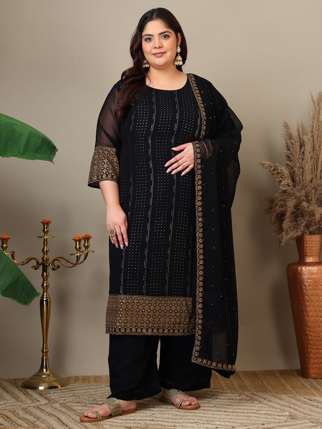 Women Plus Size Ethnic Motifs Printed Kurta with Palazzo & Dupatta - ID
