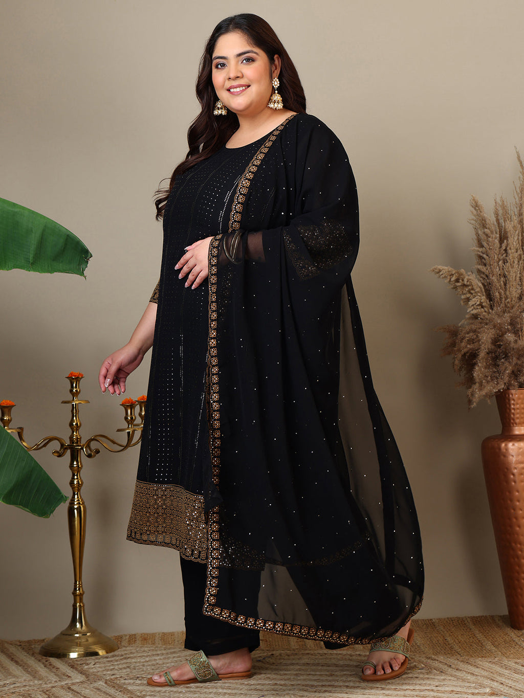 Women Plus Size Ethnic Motifs Printed Kurta with Palazzo & Dupatta - ID