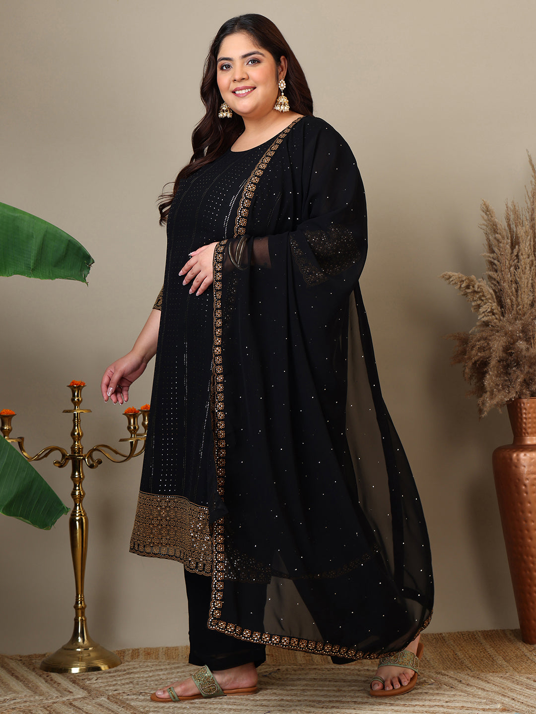 Women Plus Size Ethnic Motifs Printed Kurta with Palazzo & Dupatta - ID