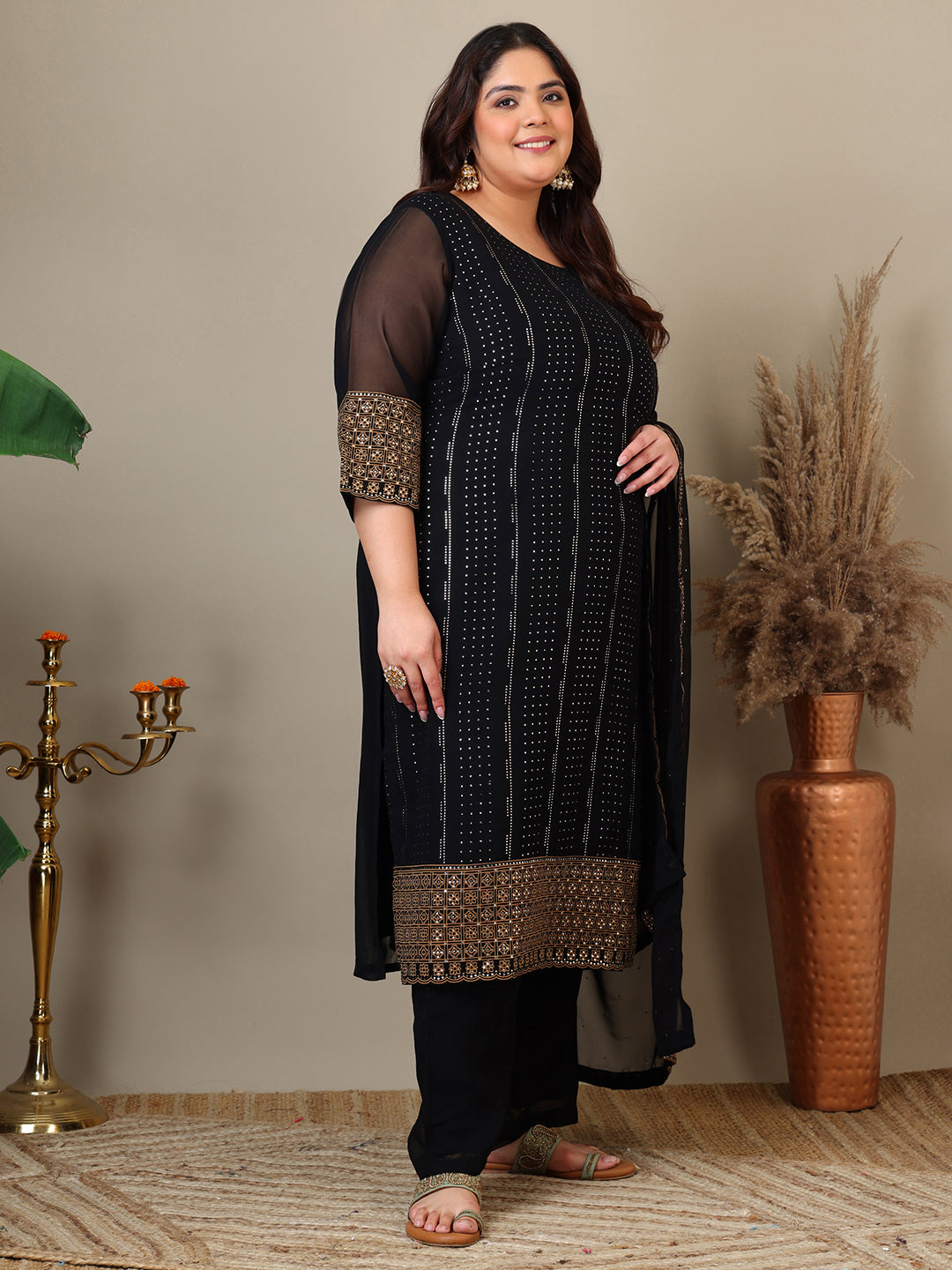 Women Plus Size Ethnic Motifs Printed Kurta with Palazzo & Dupatta - ID
