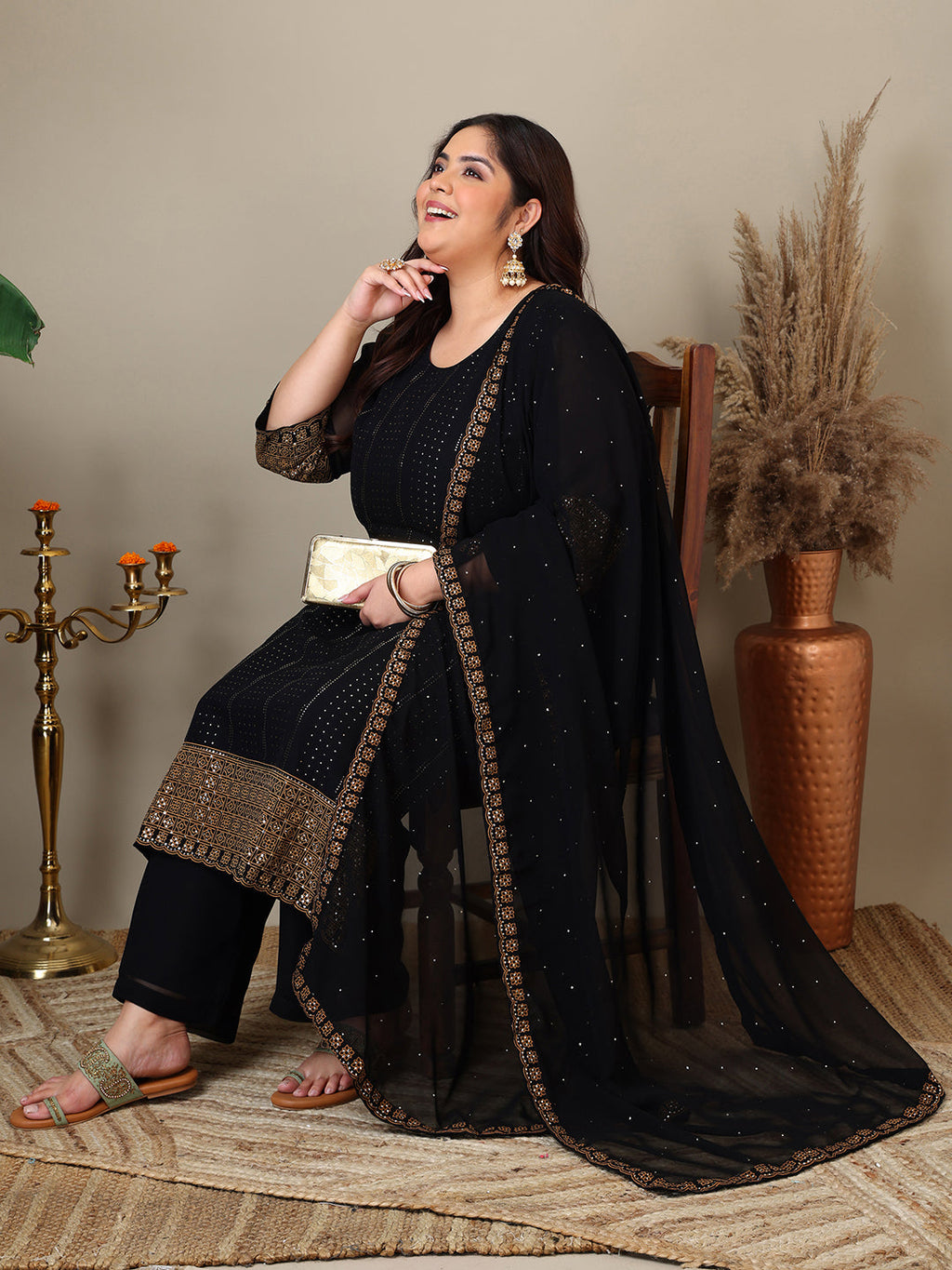 Women Plus Size Ethnic Motifs Printed Kurta with Palazzo & Dupatta - ID