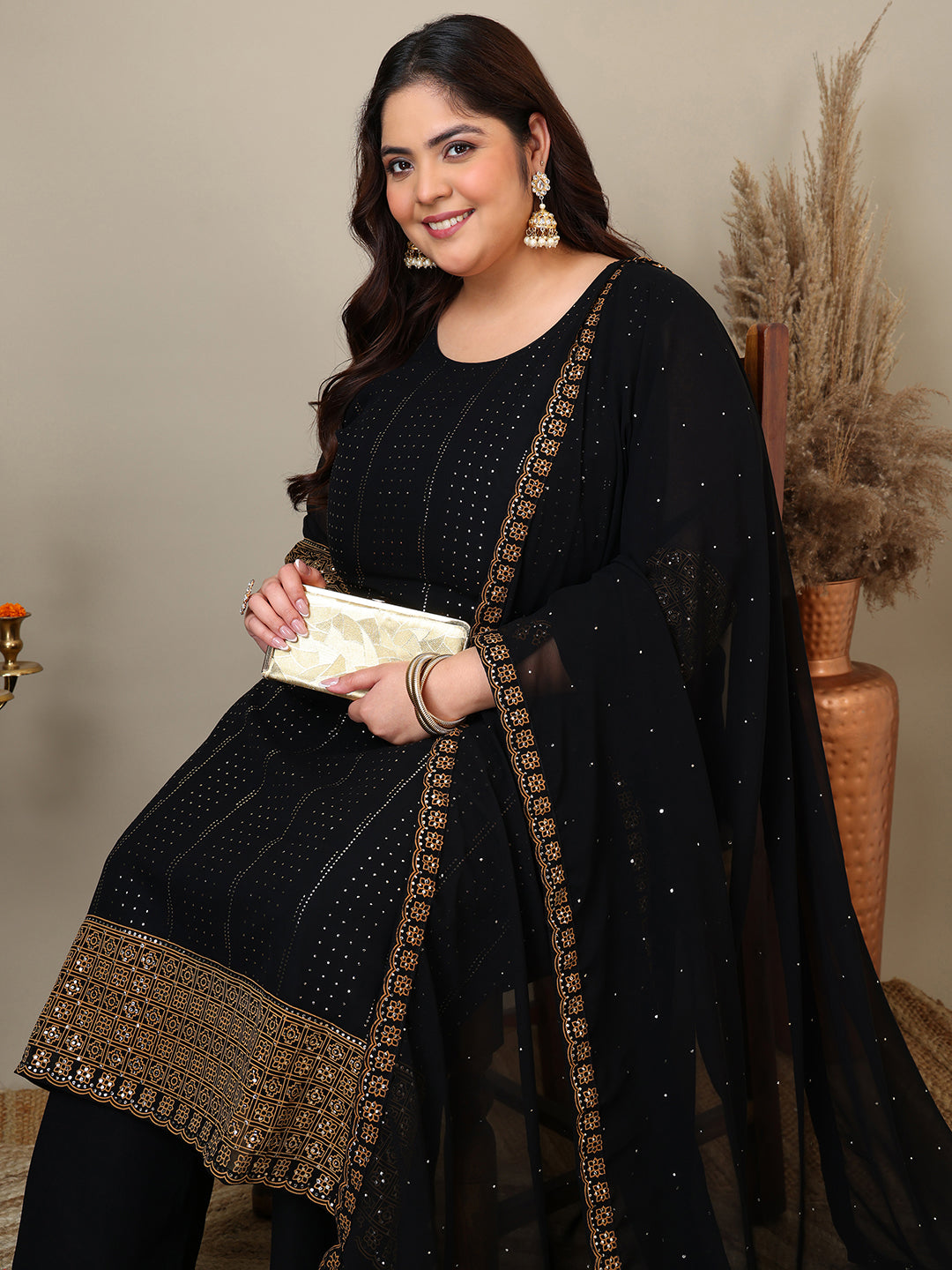 Women Plus Size Ethnic Motifs Printed Kurta with Palazzo & Dupatta - ID