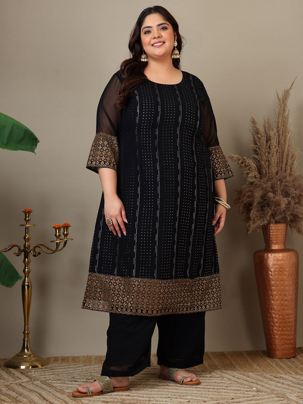 Women Plus Size Ethnic Motifs Printed Kurta with Palazzo & Dupatta - ID