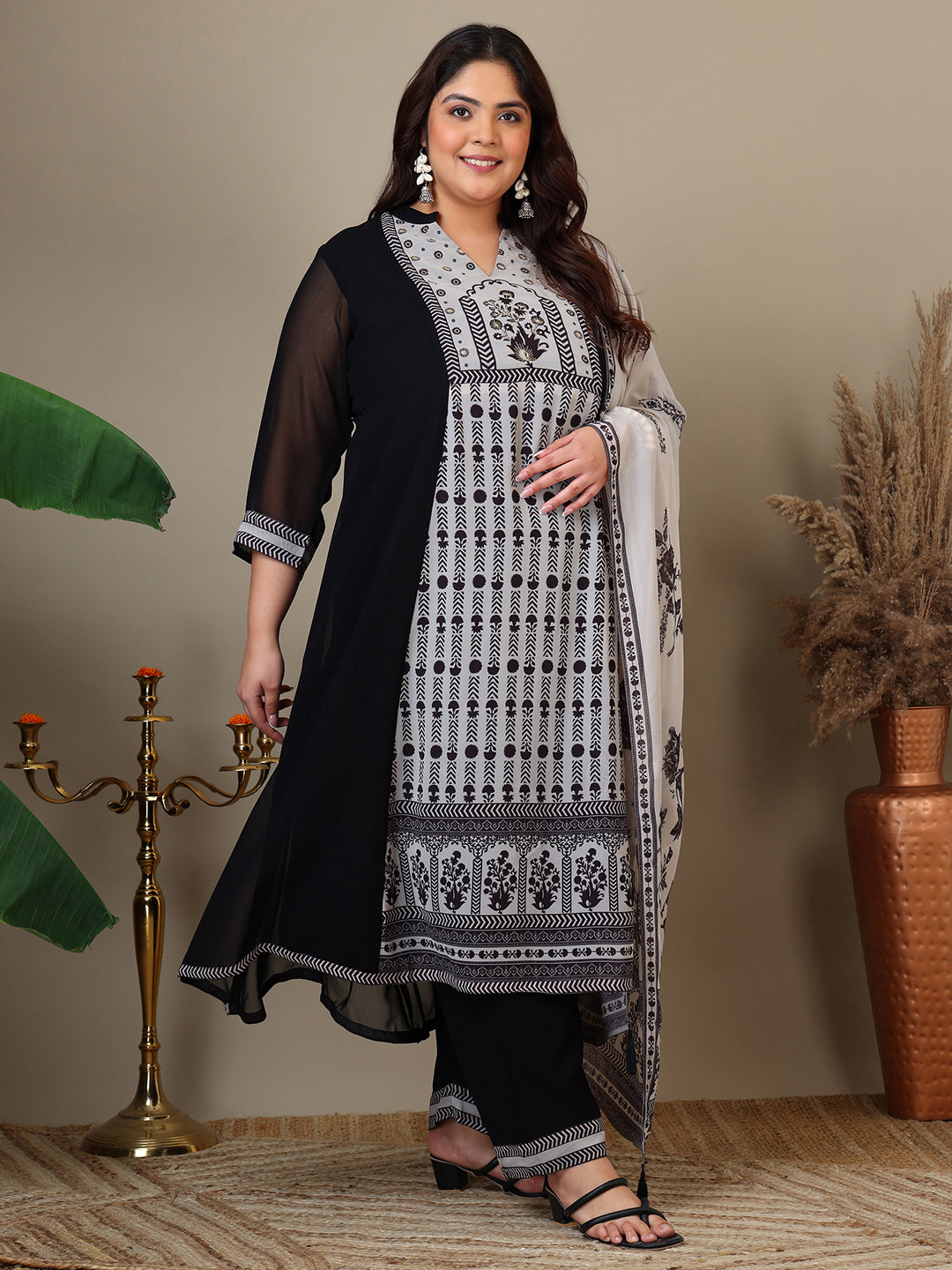 Women Plus Size Ethnic Motifs Printed Kurta with Palazzo & Dupatta - ID
