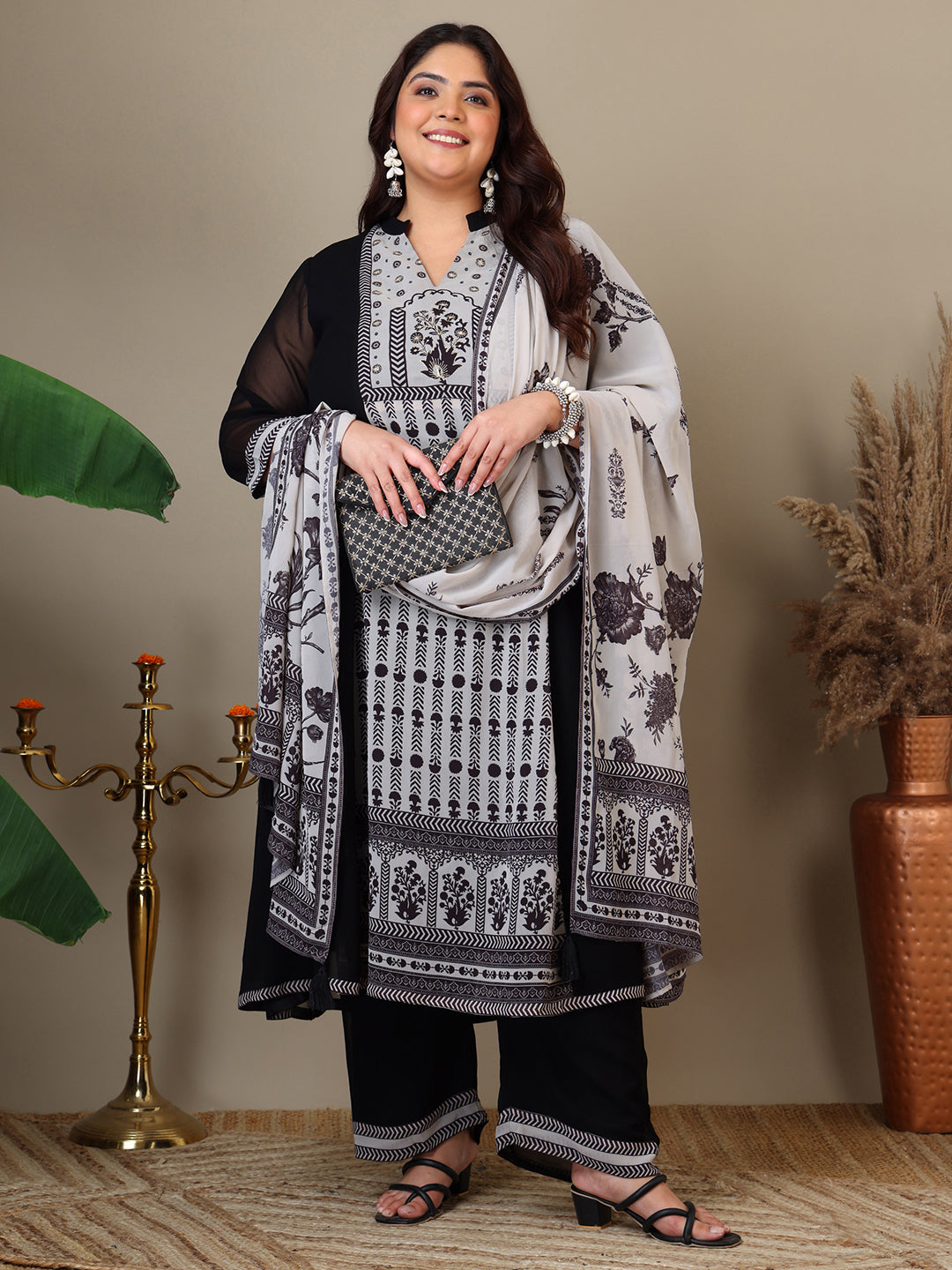 Women Plus Size Ethnic Motifs Printed Kurta with Palazzo & Dupatta - ID