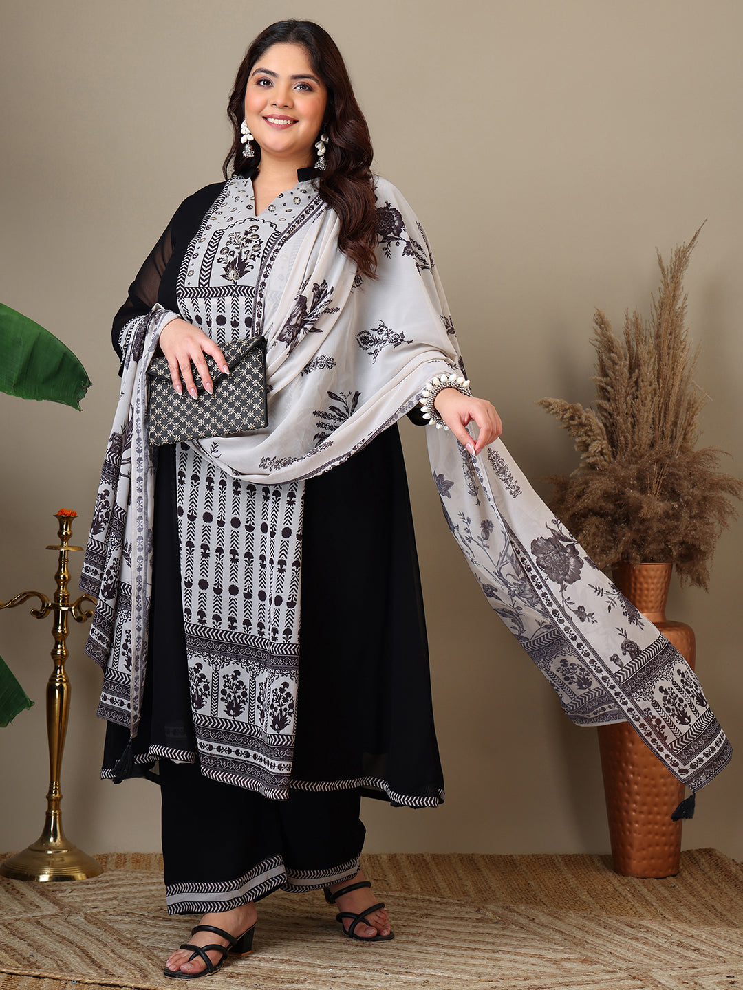 Women Plus Size Ethnic Motifs Printed Kurta with Palazzo & Dupatta - ID