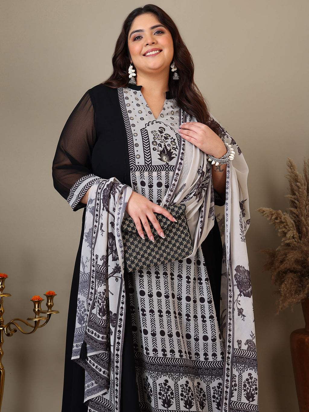 Women Plus Size Ethnic Motifs Printed Kurta with Palazzo & Dupatta - ID