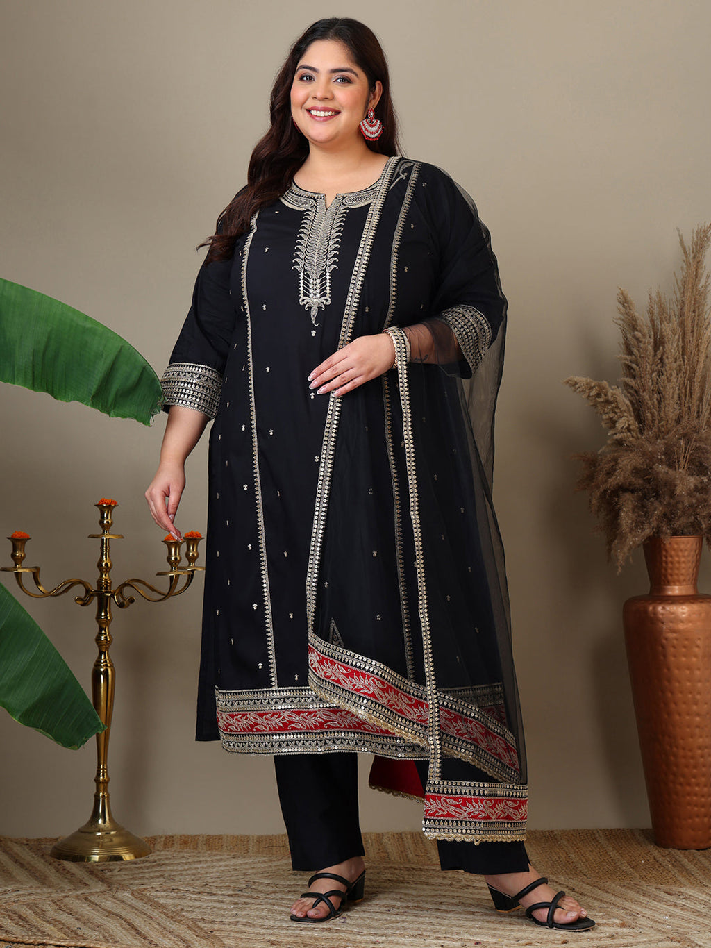 Women Plus Size Zari Embroidered Kurta with Trousers & Dupatta - ID