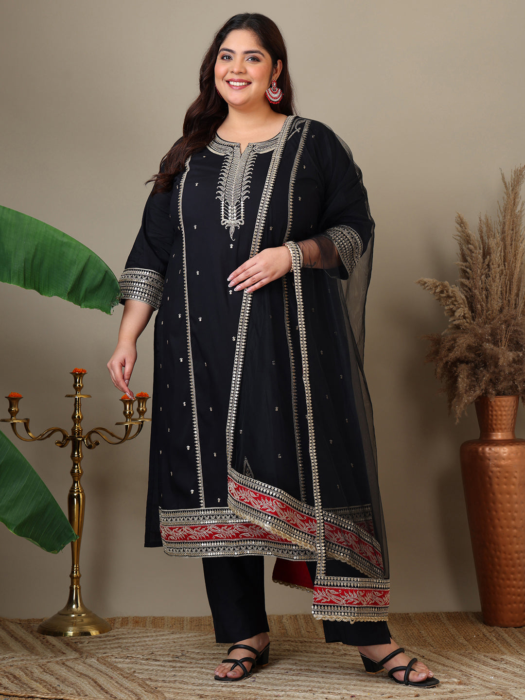 Women Plus Size Zari Embroidered Kurta with Trousers & Dupatta - ID