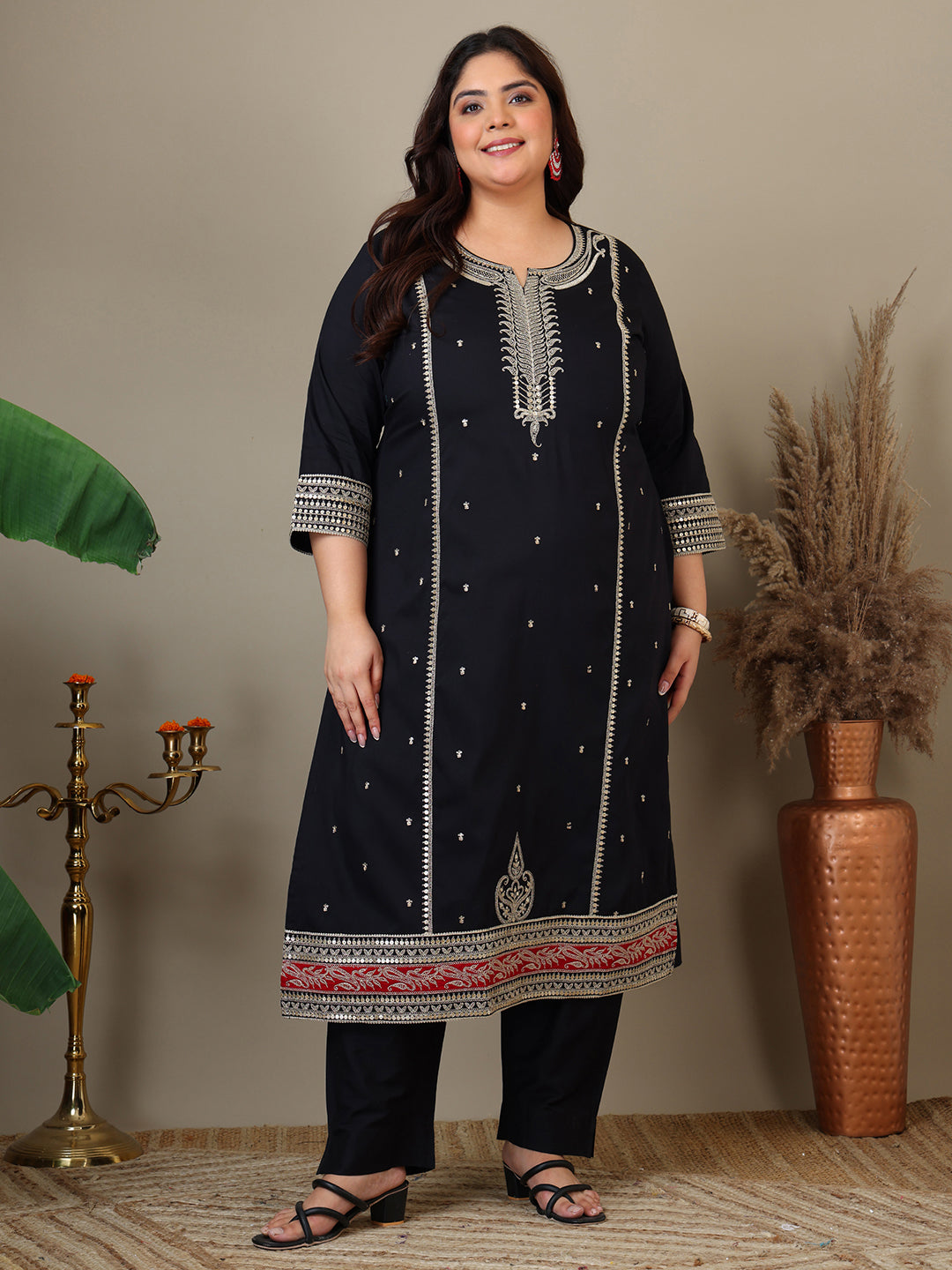 Women Plus Size Zari Embroidered Kurta with Trousers & Dupatta - ID