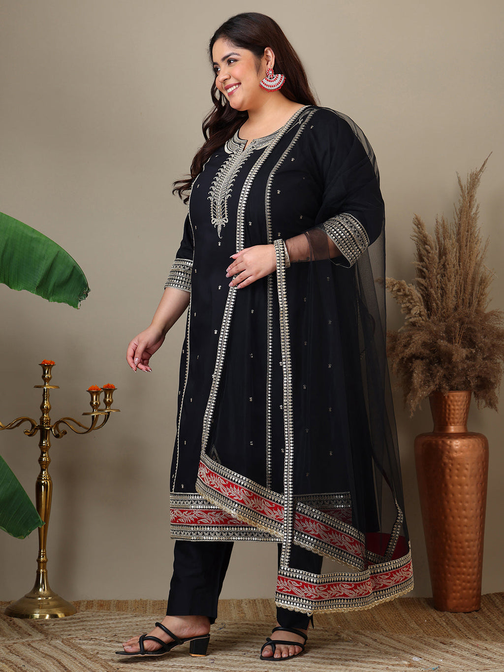 Women Plus Size Zari Embroidered Kurta with Trousers & Dupatta - ID