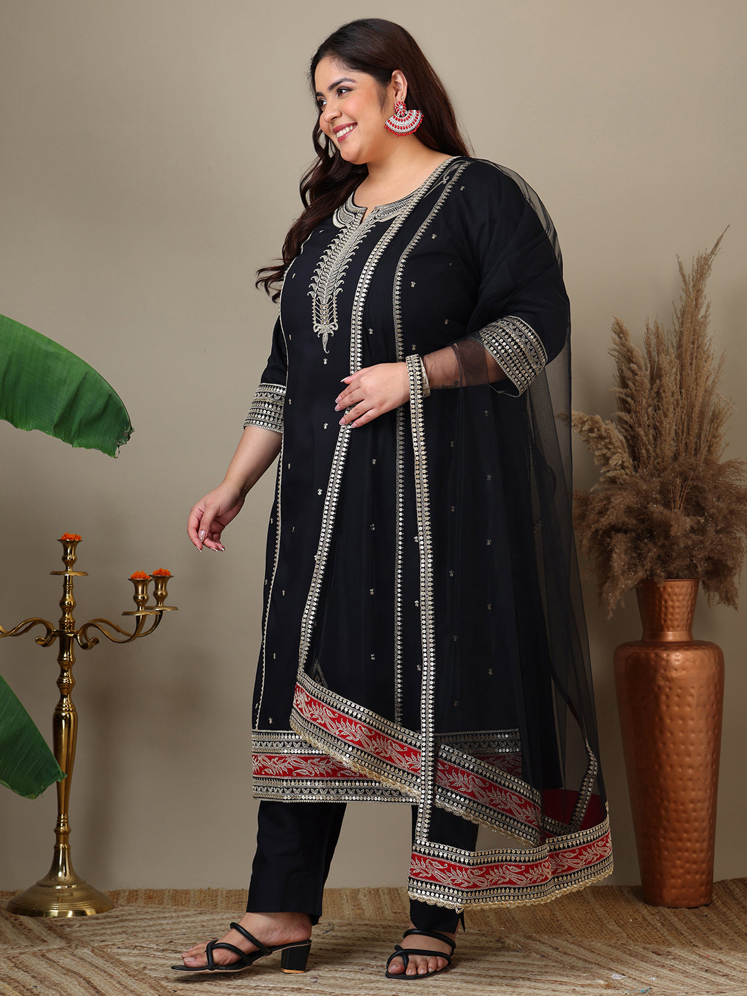 Women Plus Size Zari Embroidered Kurta with Trousers & Dupatta - ID