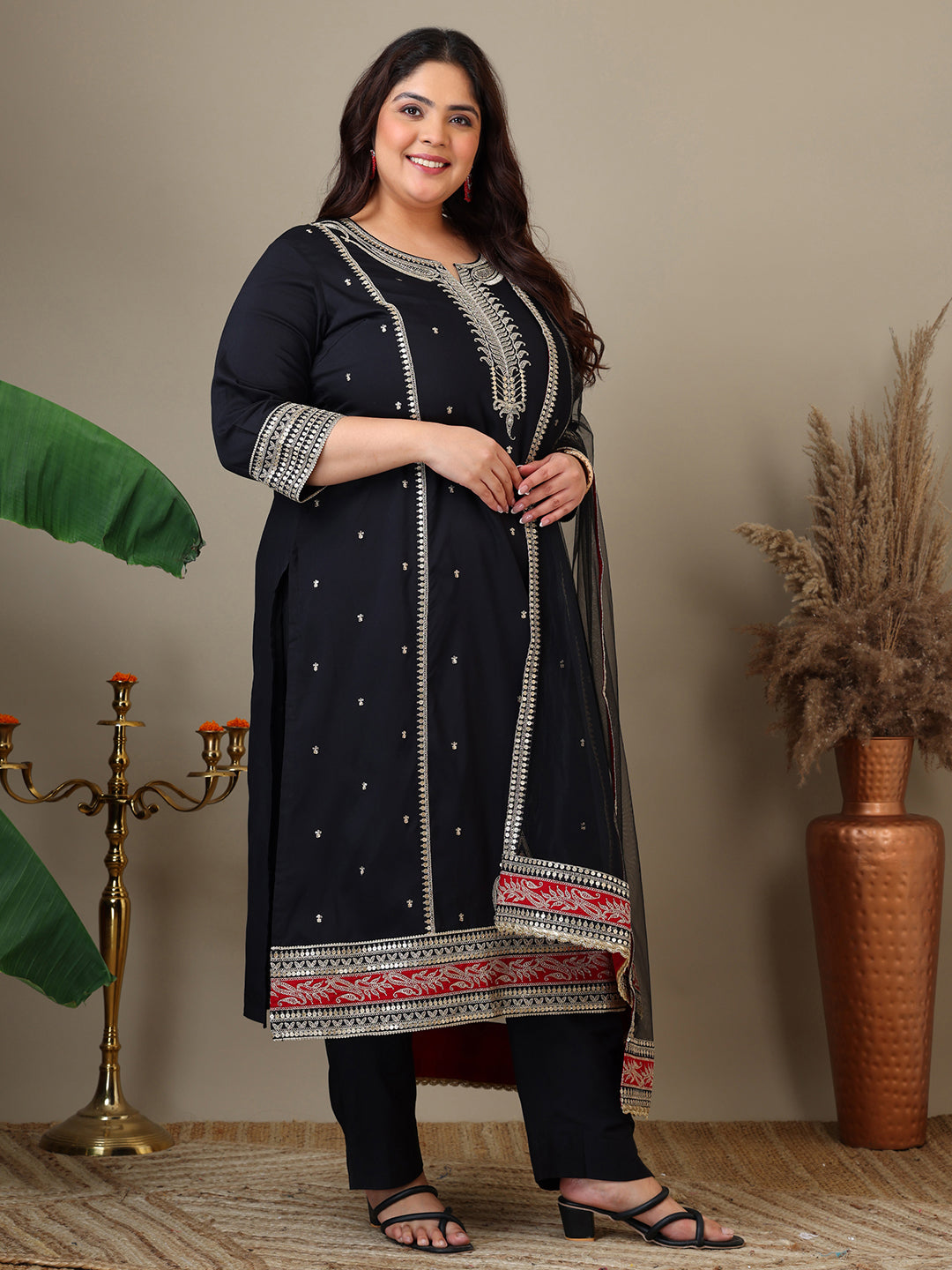 Women Plus Size Zari Embroidered Kurta with Trousers & Dupatta - ID