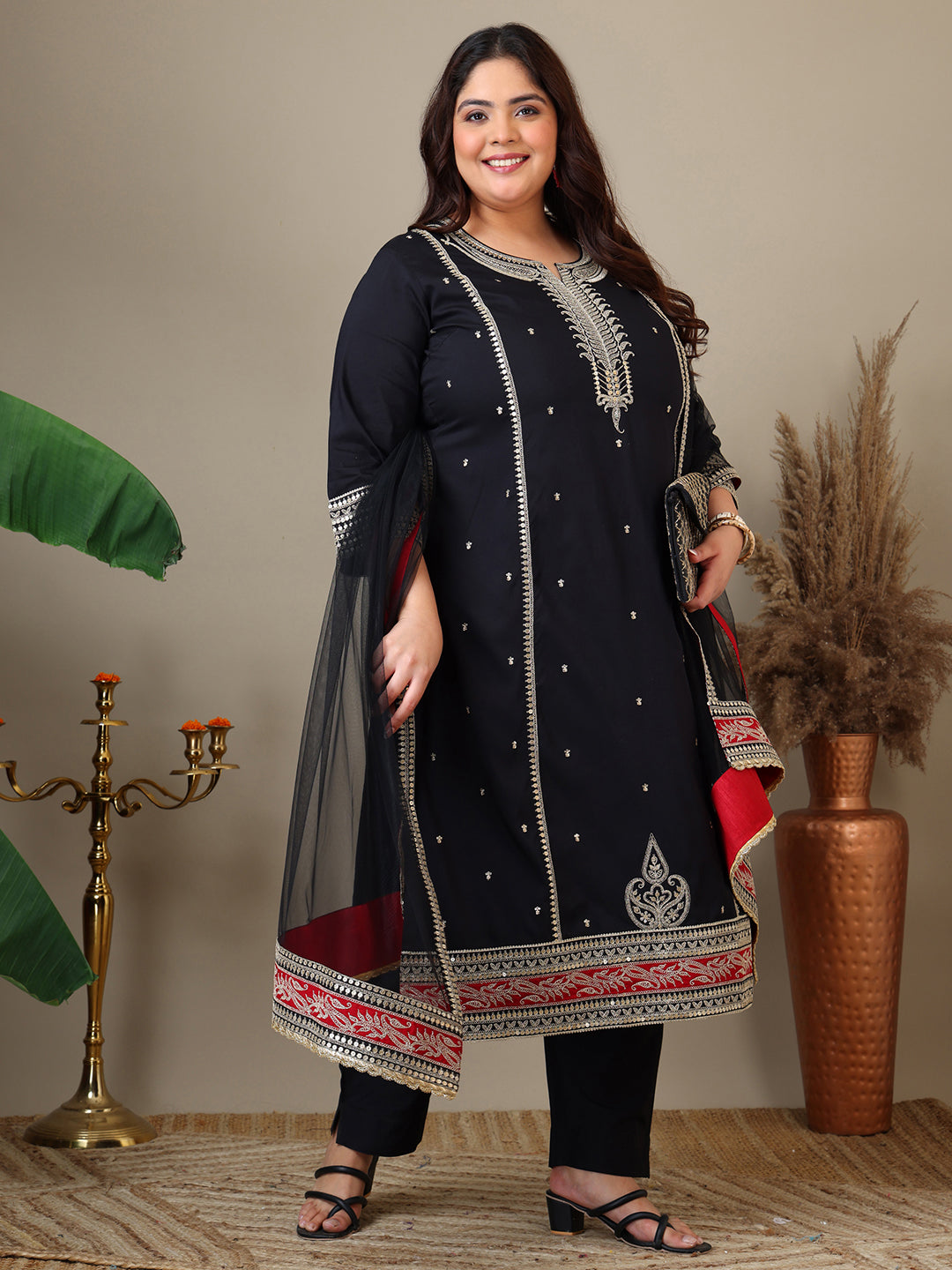 Women Plus Size Zari Embroidered Kurta with Trousers & Dupatta - ID