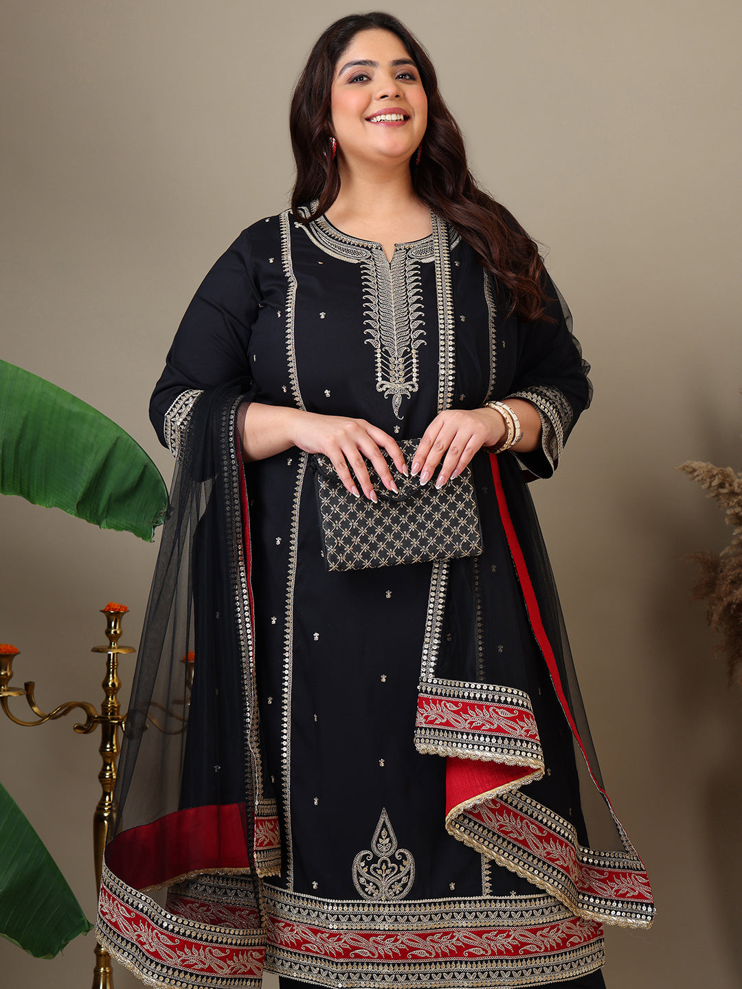 Women Plus Size Zari Embroidered Kurta with Trousers & Dupatta - ID
