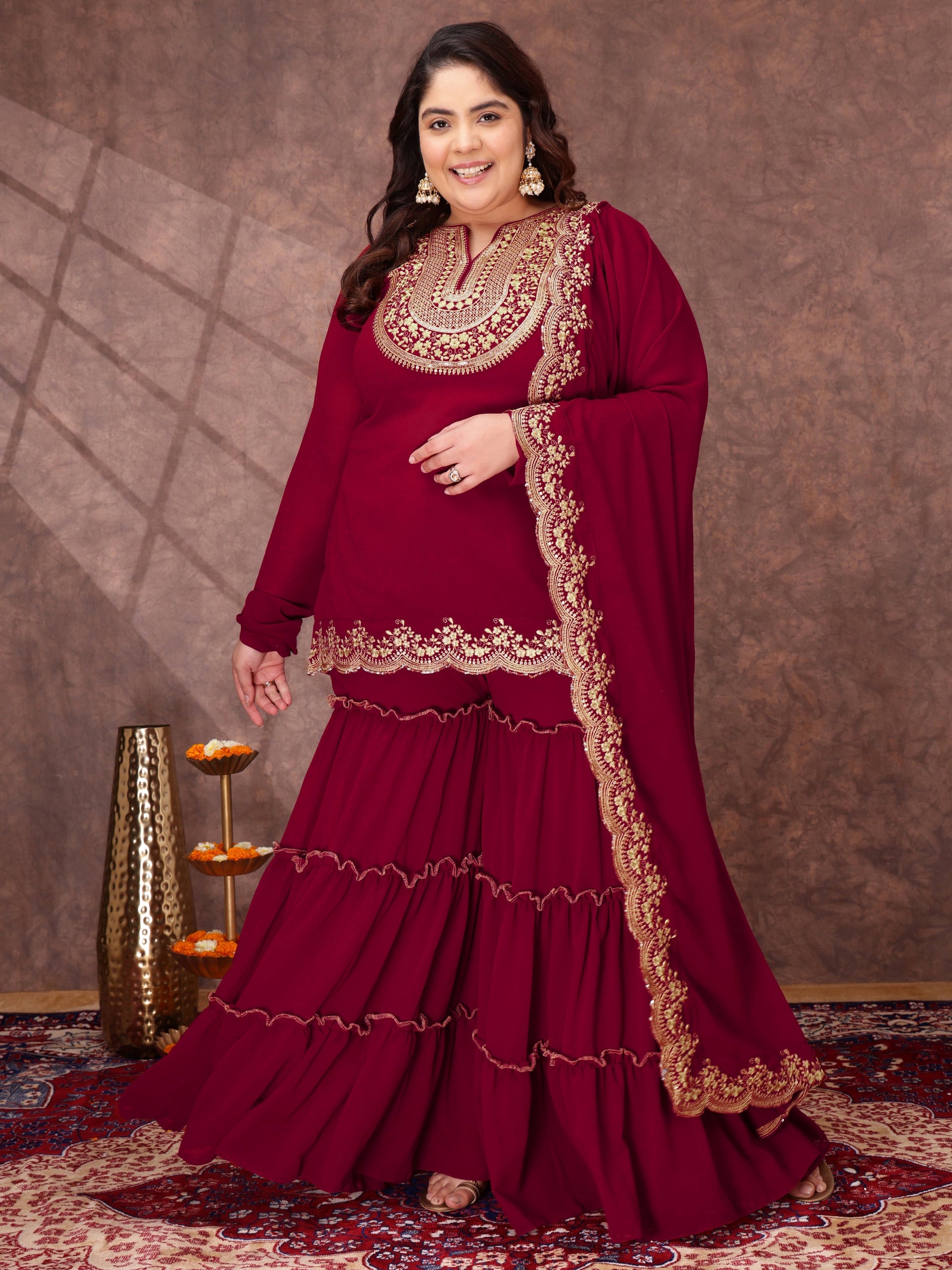 Floral Yoke Design Thread Work Georgette Straight Kurta With Sharara & Dupatta - ID